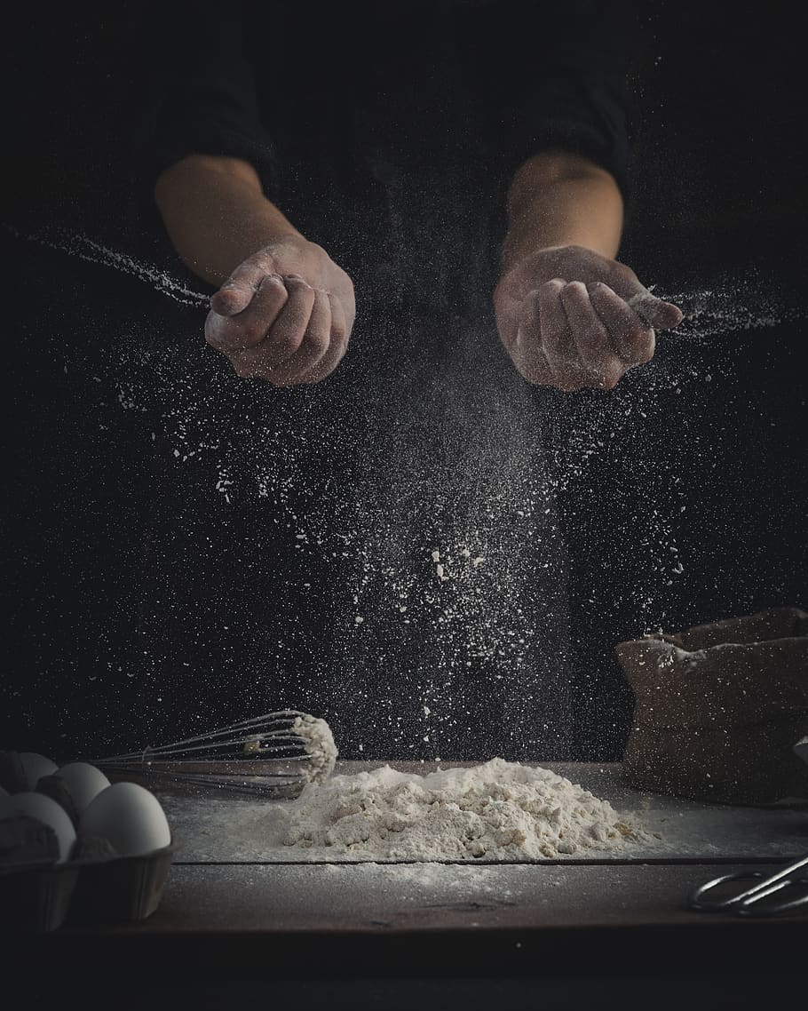 Person Pouring Flour On Table Beside Eggs And Whisk, - Splash Flour Powder , HD Wallpaper & Backgrounds