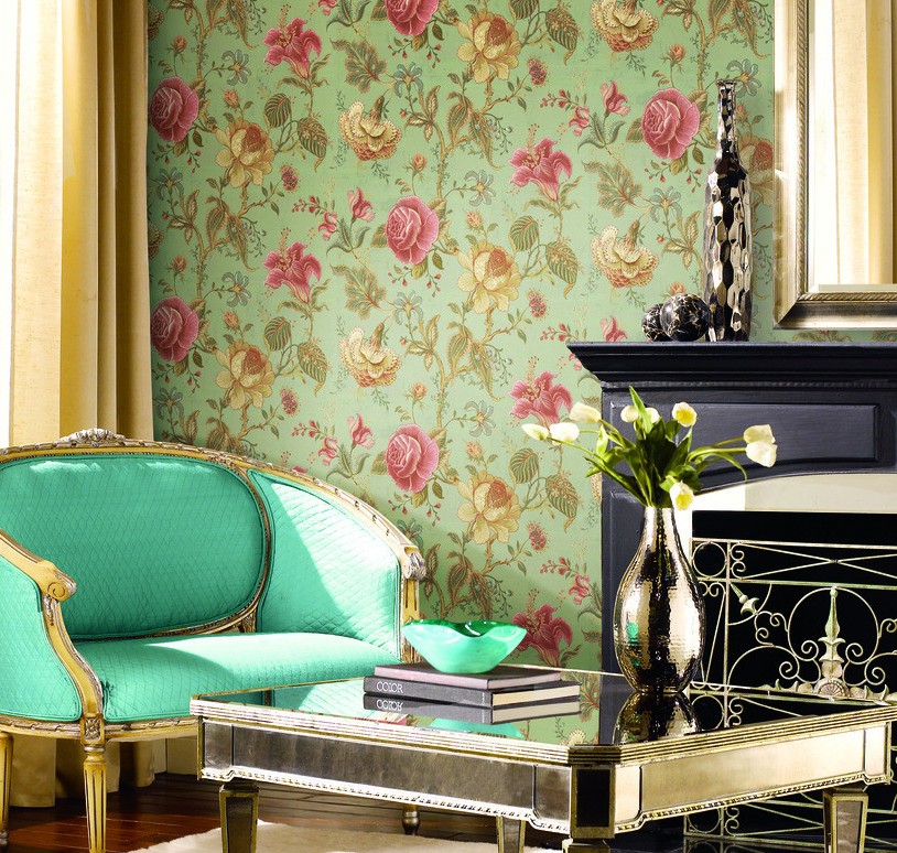 Flower Wallpaper And Green Sofa For Bedroom 3d House - Wallpaper , HD Wallpaper & Backgrounds