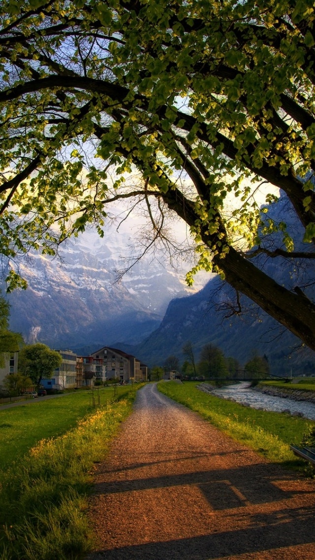 Trees Path Houses Scenic Swiss Iphone 5 Wallpaper - Iphone 6s Wallpaper Scenery , HD Wallpaper & Backgrounds