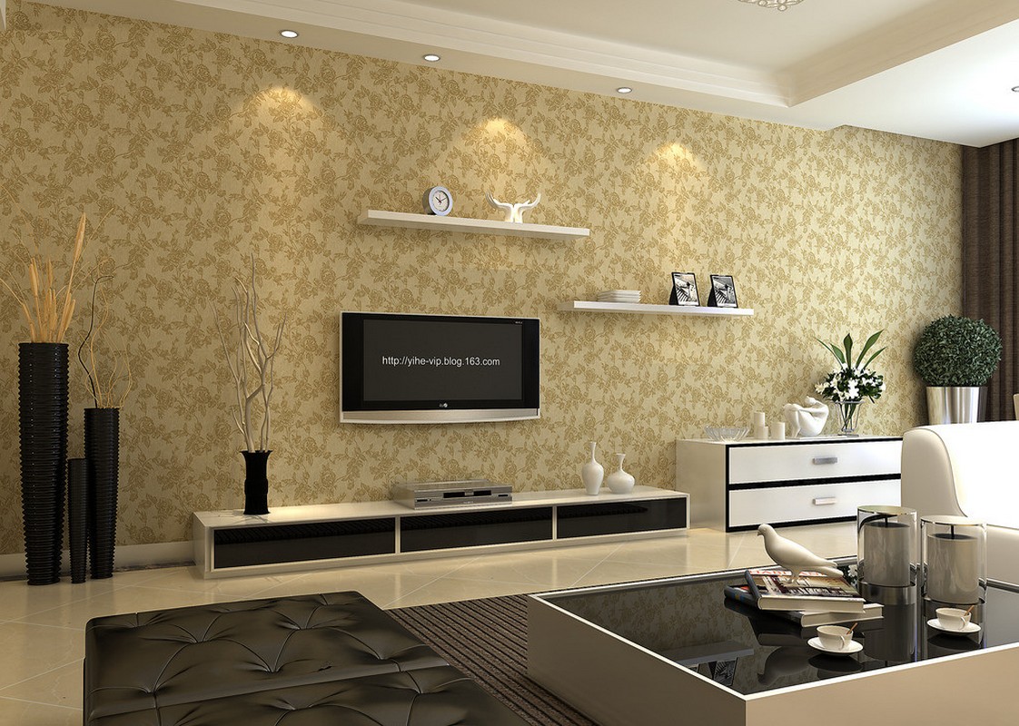 Modern Minimalist Tv Wall With Floral Wallpaper 3d - Tv Wall Paper Designs , HD Wallpaper & Backgrounds