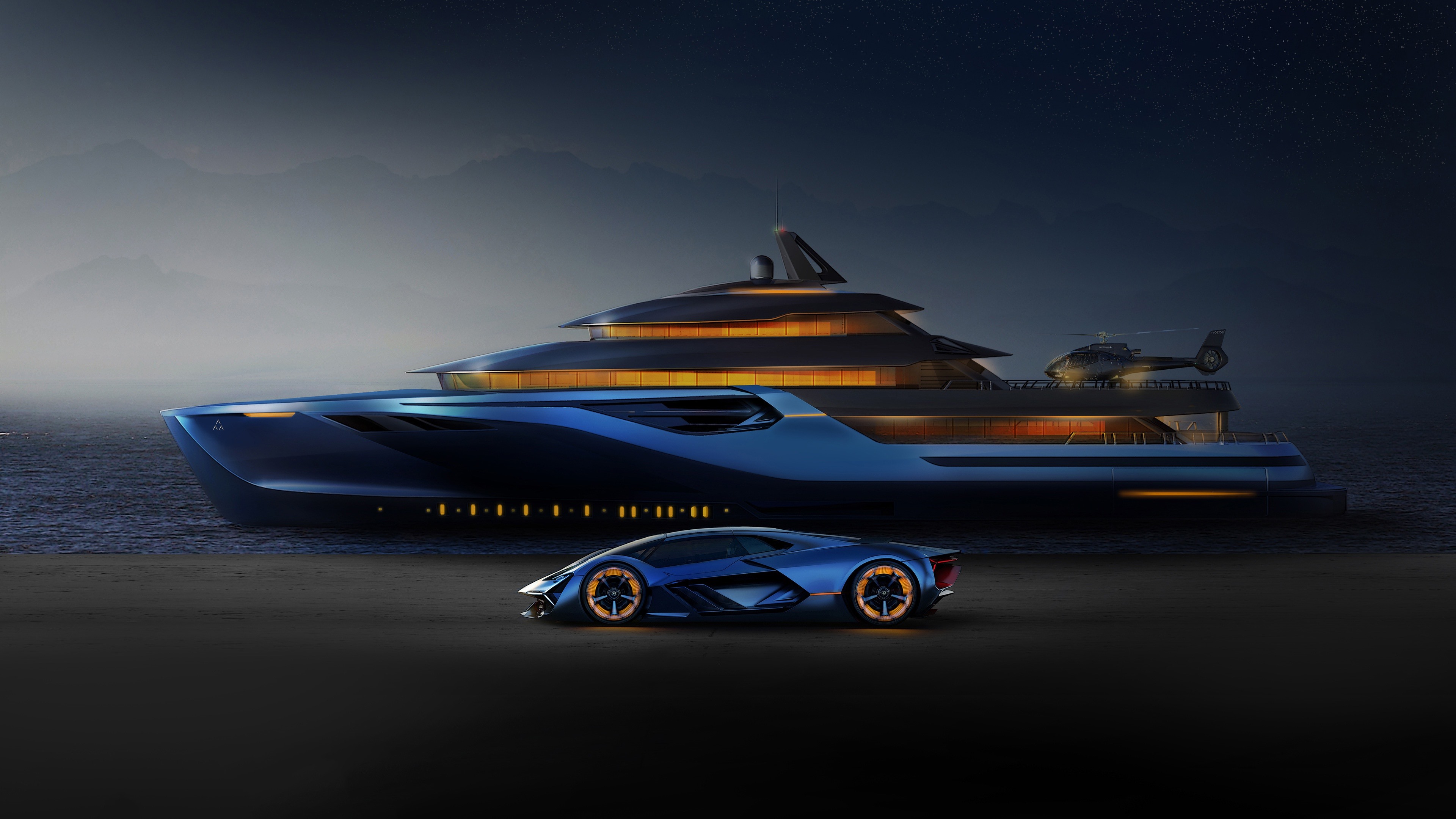 Wallpaper Blue Lamborghini, Yacht, Helicopter - Lamborghini Terzo Millennio , HD Wallpaper & Backgrounds