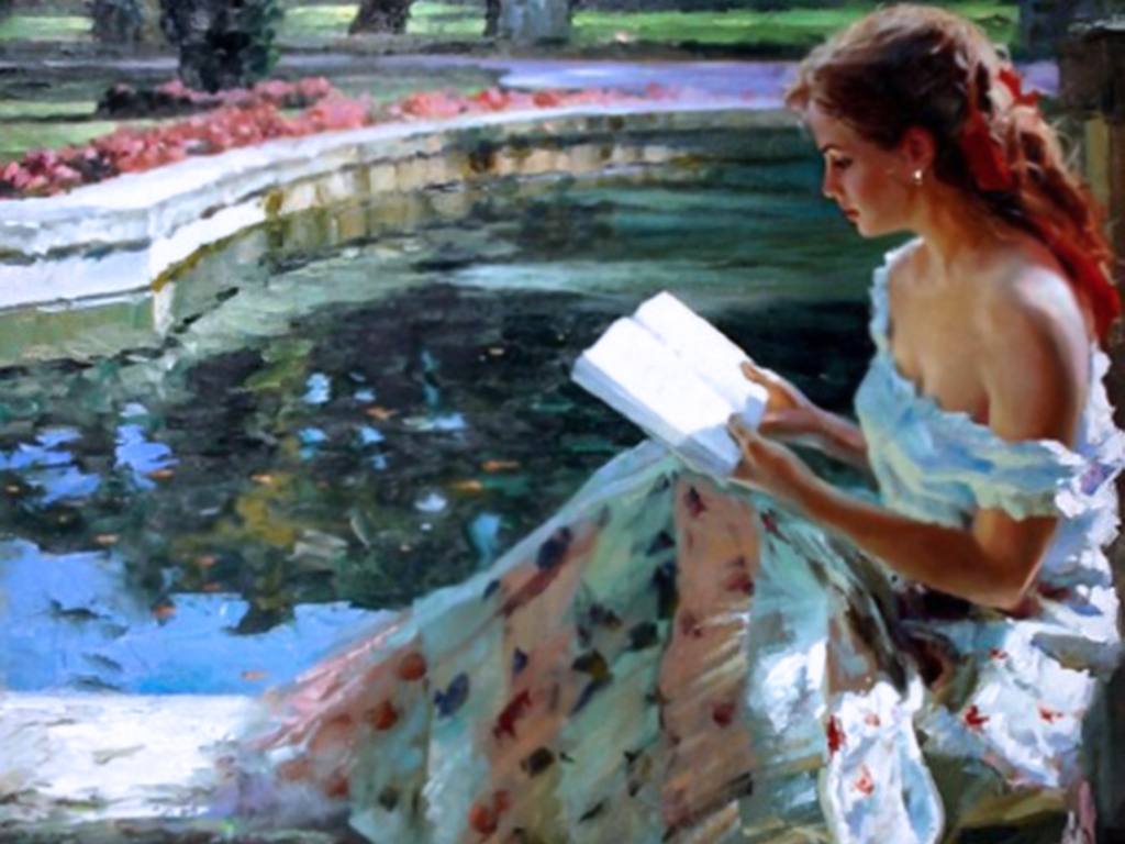 Painting Girl - Beautiful Girl Reading Painting , HD Wallpaper & Backgrounds