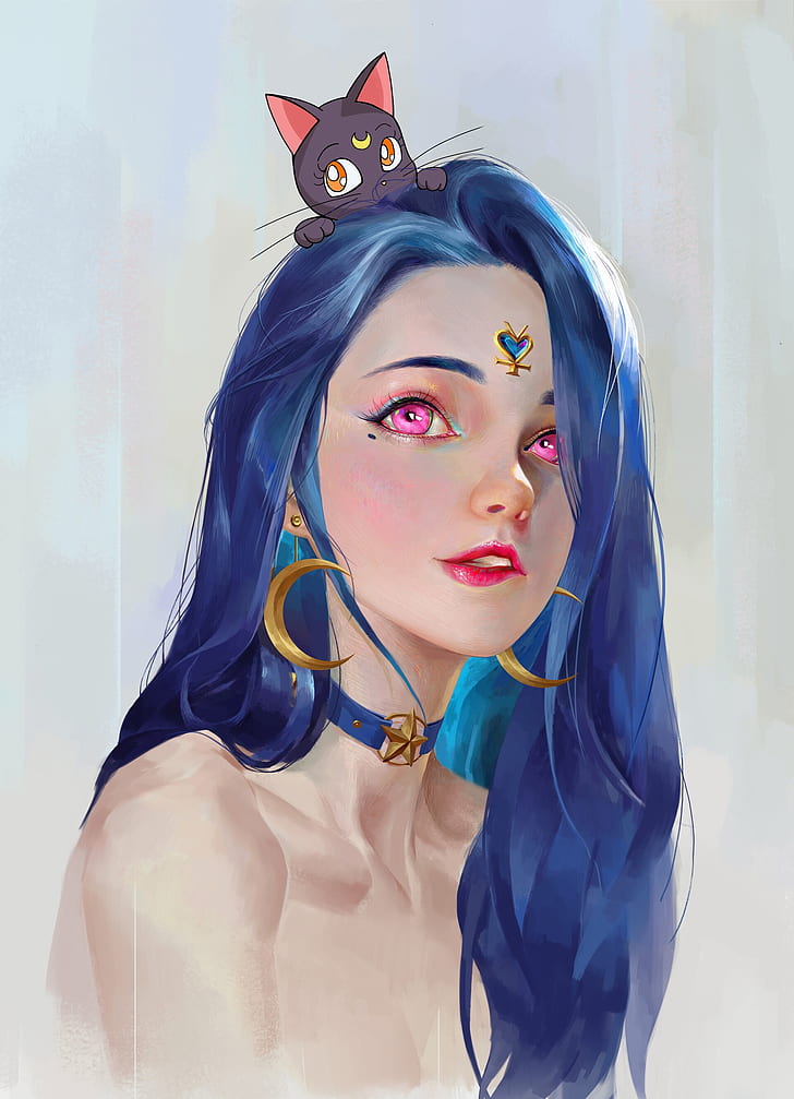 Fantasy Girl, Blue Hair, Illustration, Cat Girl, Digital - Blue Hair Girl Art , HD Wallpaper & Backgrounds