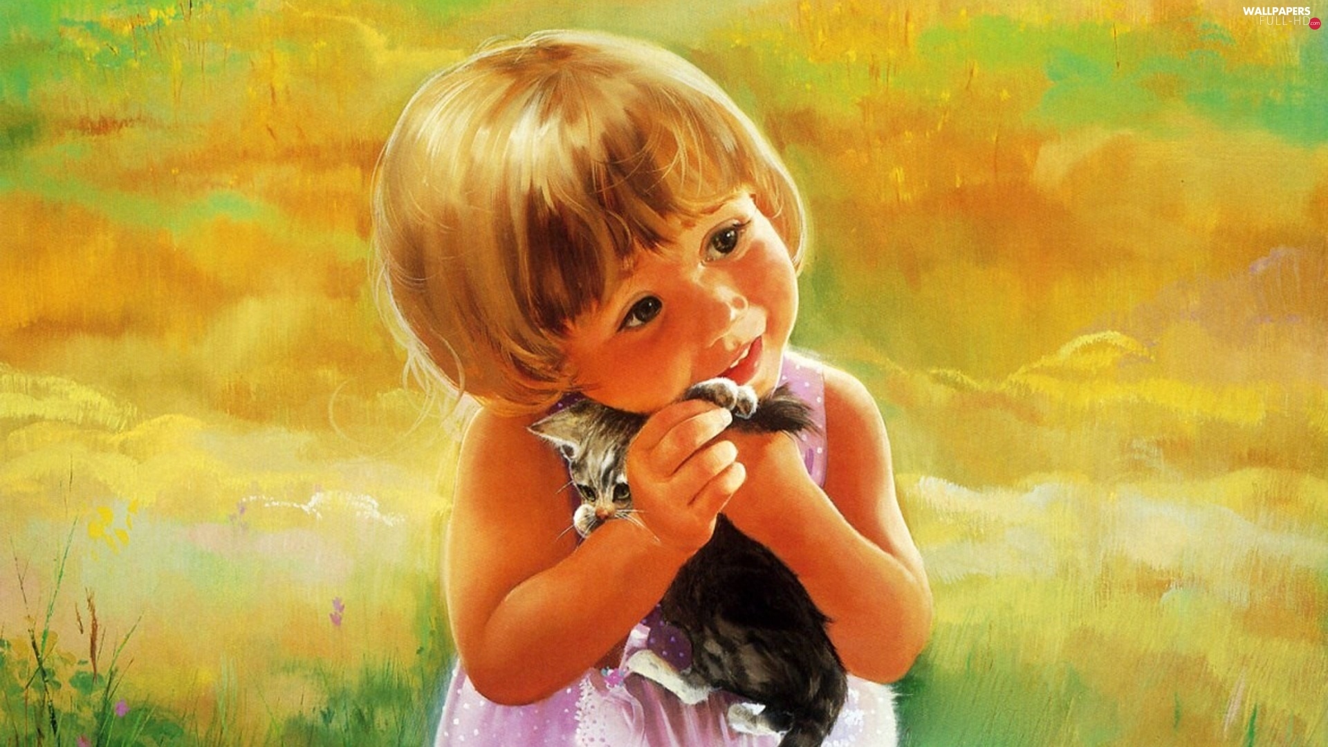 Small, Kitten, Girl - Oip Painting Zolan Children , HD Wallpaper & Backgrounds
