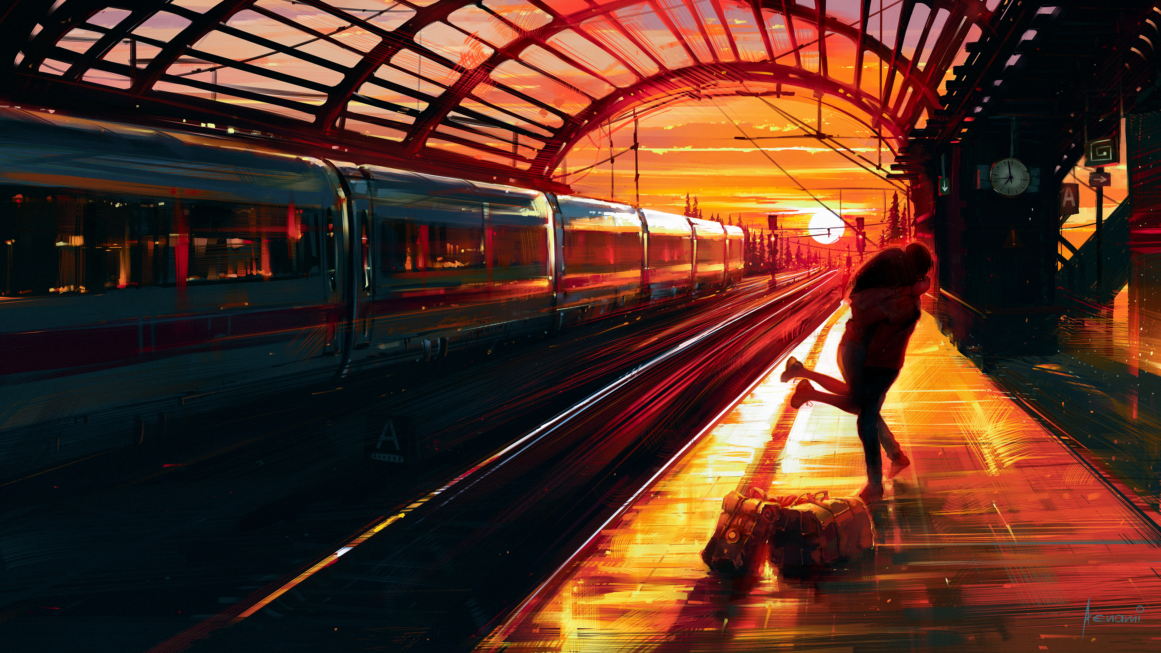 Couple Hugging At Train Station - Alena Aenami , HD Wallpaper & Backgrounds
