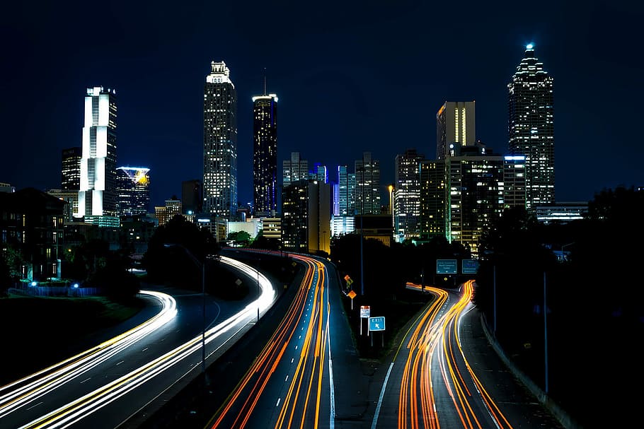 Skyline With Lights And Roads In Atlanta, Georgia, - High Resolution Atlanta Skyline , HD Wallpaper & Backgrounds