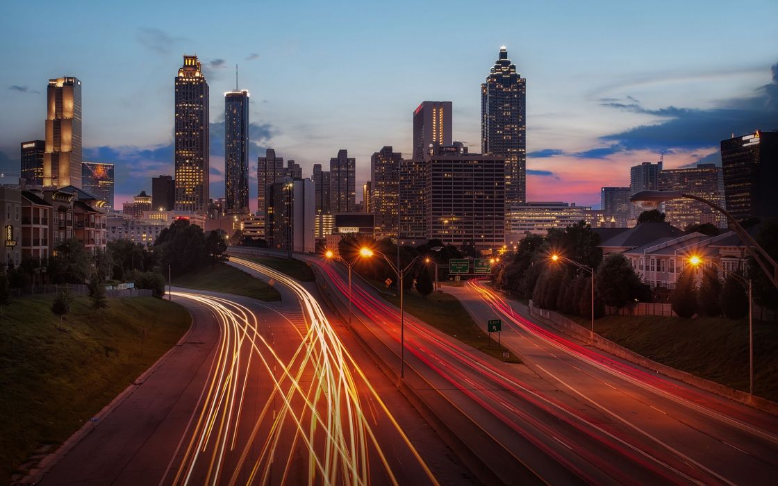 Skyscrapers Atlanta Long Exposure Dusk Cities Wallpaper - Atlanta , HD Wallpaper & Backgrounds