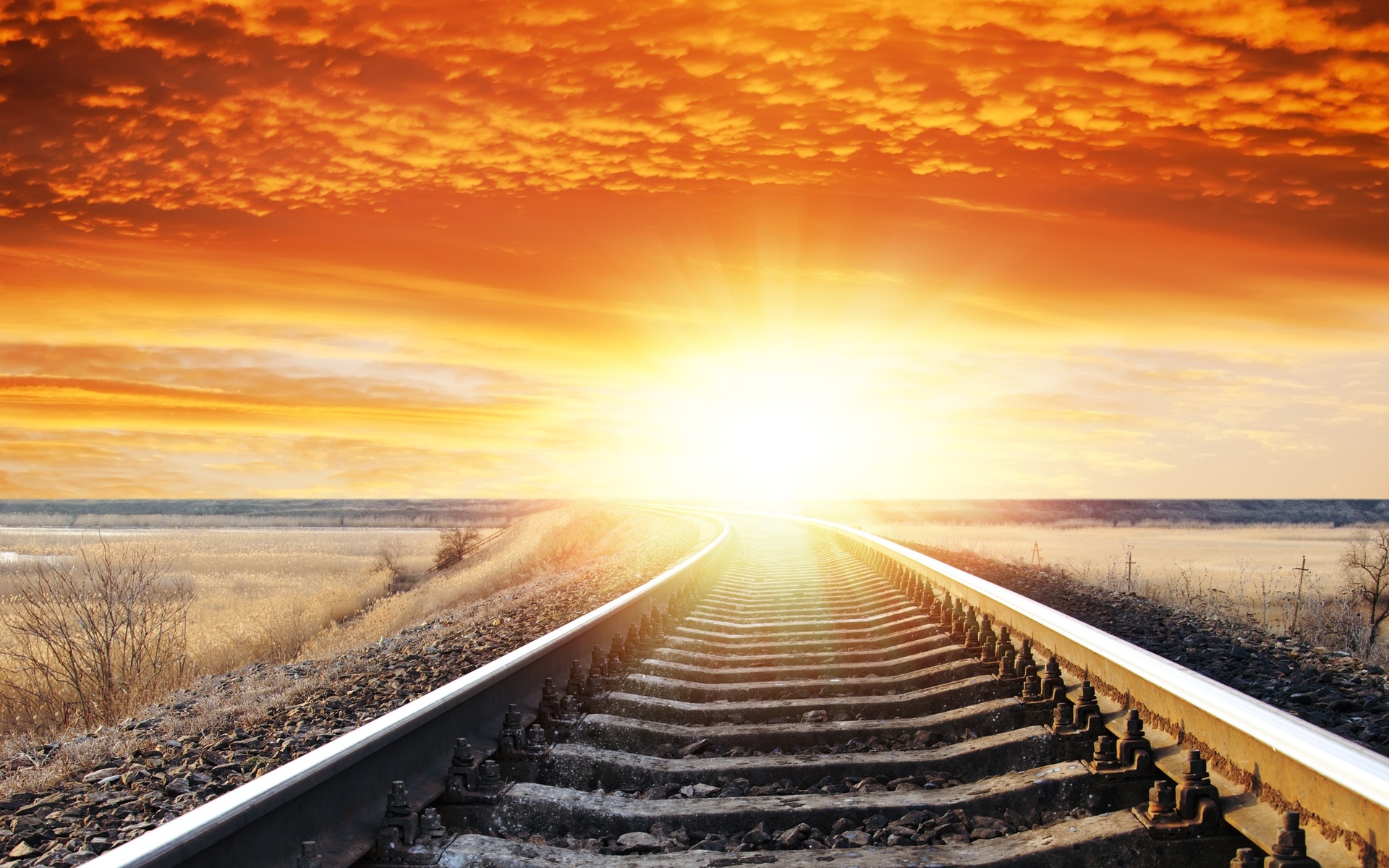 Landscape Sunset Sunrise Sky Railroad Tracks Wallpaper - Sunrise Train Track , HD Wallpaper & Backgrounds