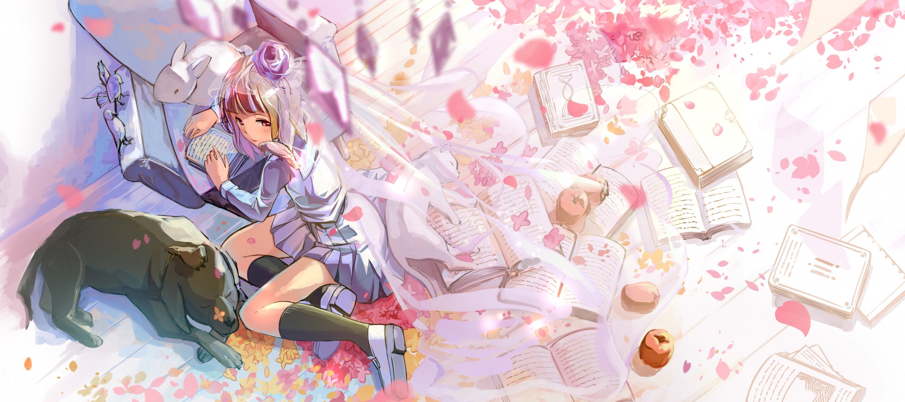 Anime Girl, Rabbit, Sakura Blossom, Books, School Uniform, - School Uniform , HD Wallpaper & Backgrounds