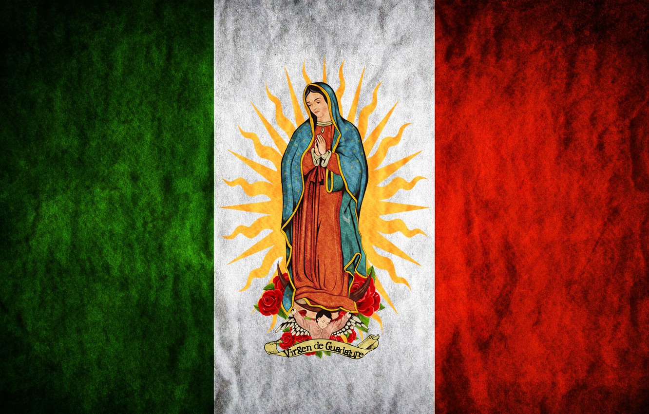 Photo Wallpaper Rose, Mexico, Flowers, Sun, Flag, Madonna, - Mexican Flag With Virgin Mary , HD Wallpaper & Backgrounds