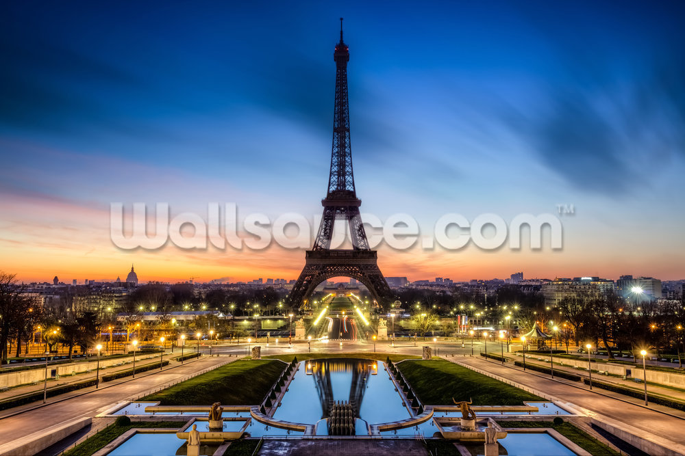 Paris At Night Sunset Mural Wallpaper - Eiffel Tower Sunset Hd , HD Wallpaper & Backgrounds