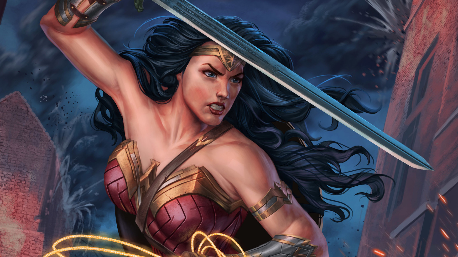 #wonder Woman, #superheroes, #hd, #artwork, #artist, - Wonder Woman With Sword And Lasso , HD Wallpaper & Backgrounds