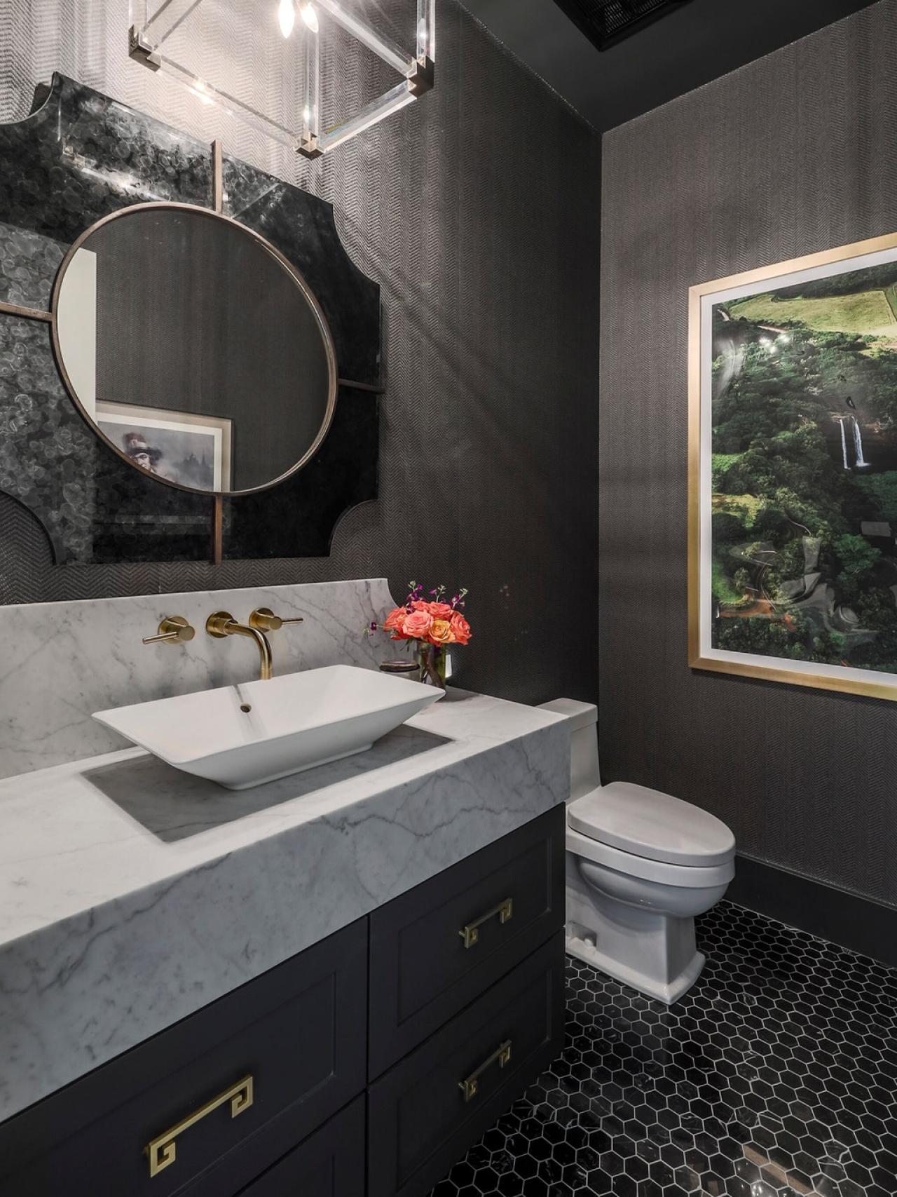 Luxe Bathroom With Black Wallpaper, Tiled Floors And - Bathroom Sink , HD Wallpaper & Backgrounds
