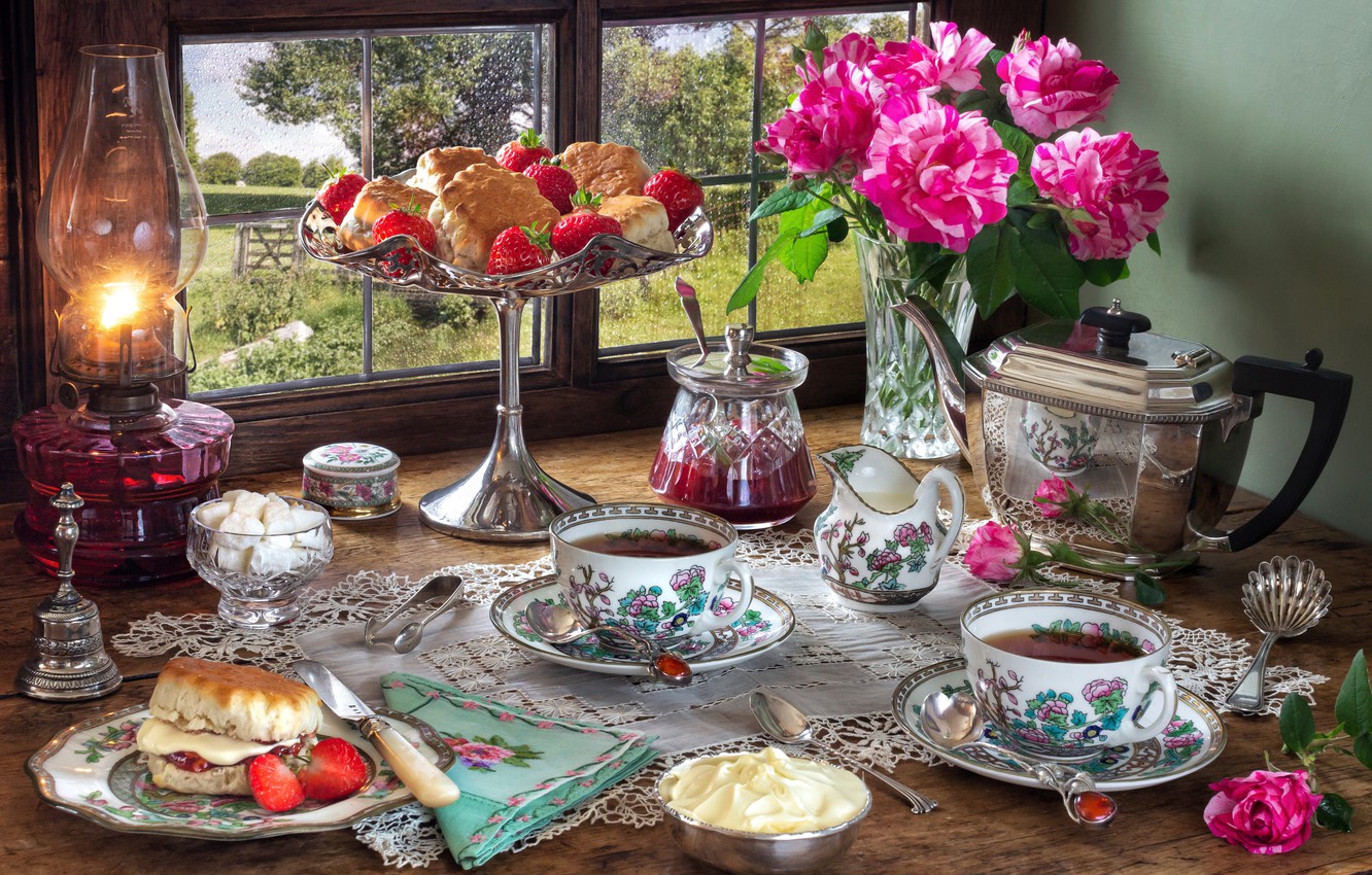 Photo Wallpaper Flowers, Style, Berries, Tea, Lamp, - Tea , HD Wallpaper & Backgrounds