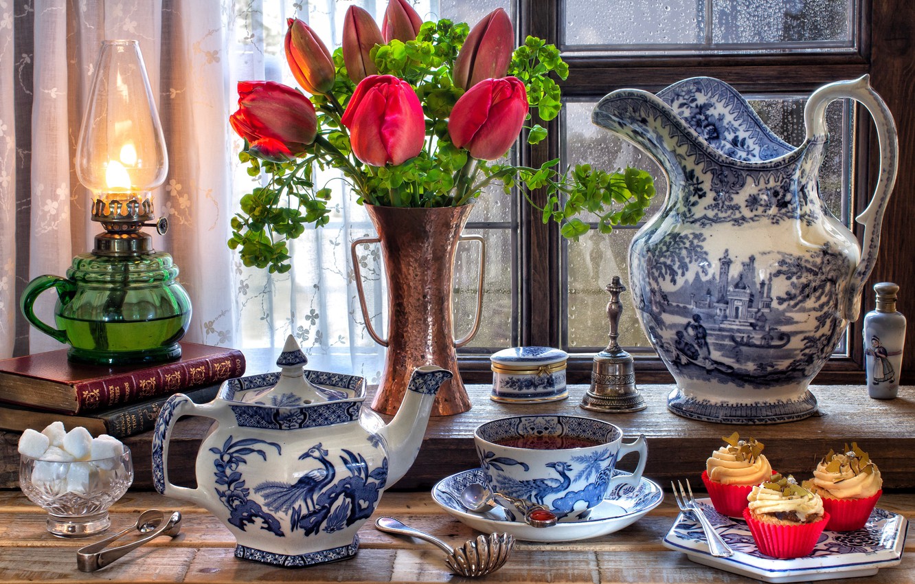 Photo Wallpaper Flowers, Style, Tea, Books, Lamp, Window, - Castorland 151820 , HD Wallpaper & Backgrounds