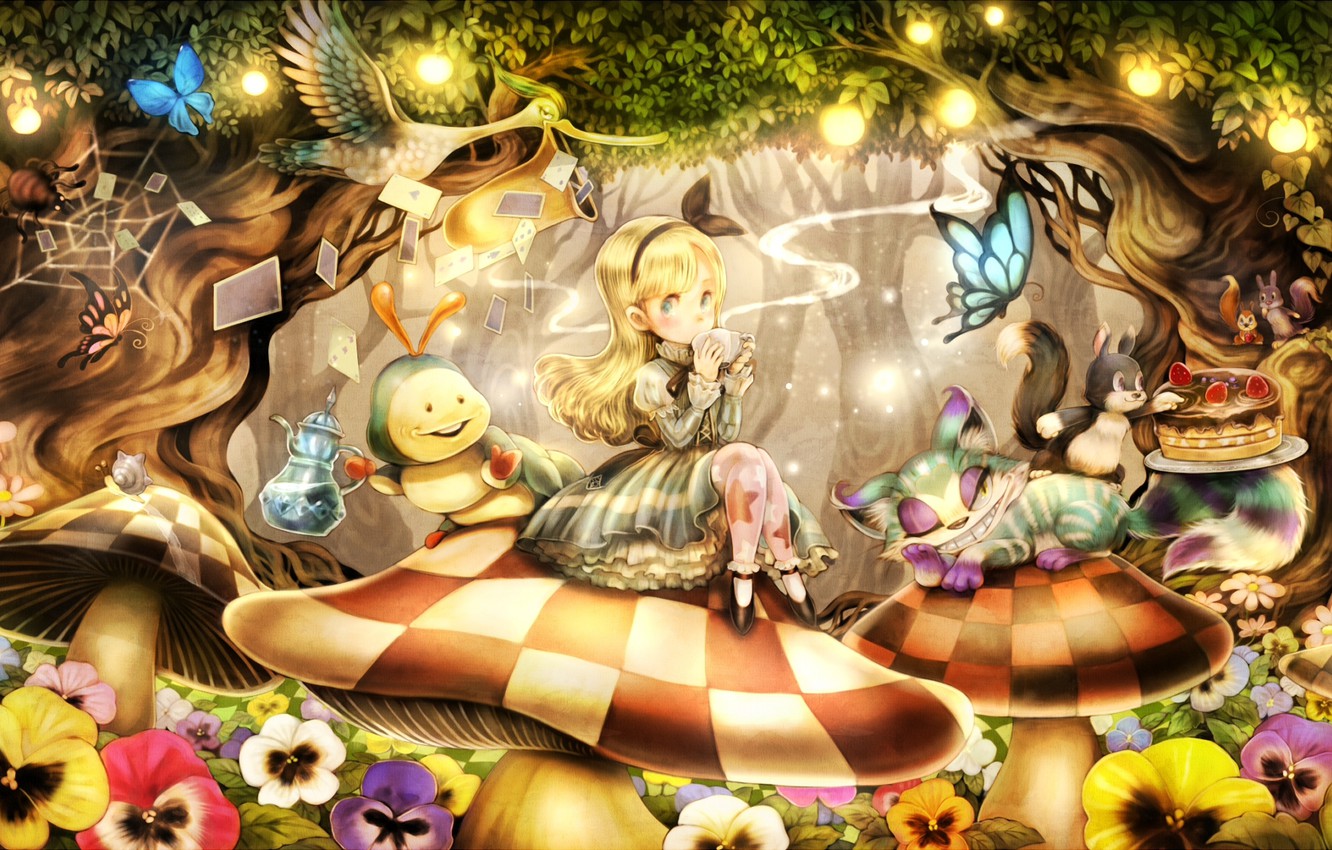 Photo Wallpaper Butterfly, Caterpillar, Bird, Mushrooms, - Alice Wonderland Cat Mushrooms , HD Wallpaper & Backgrounds