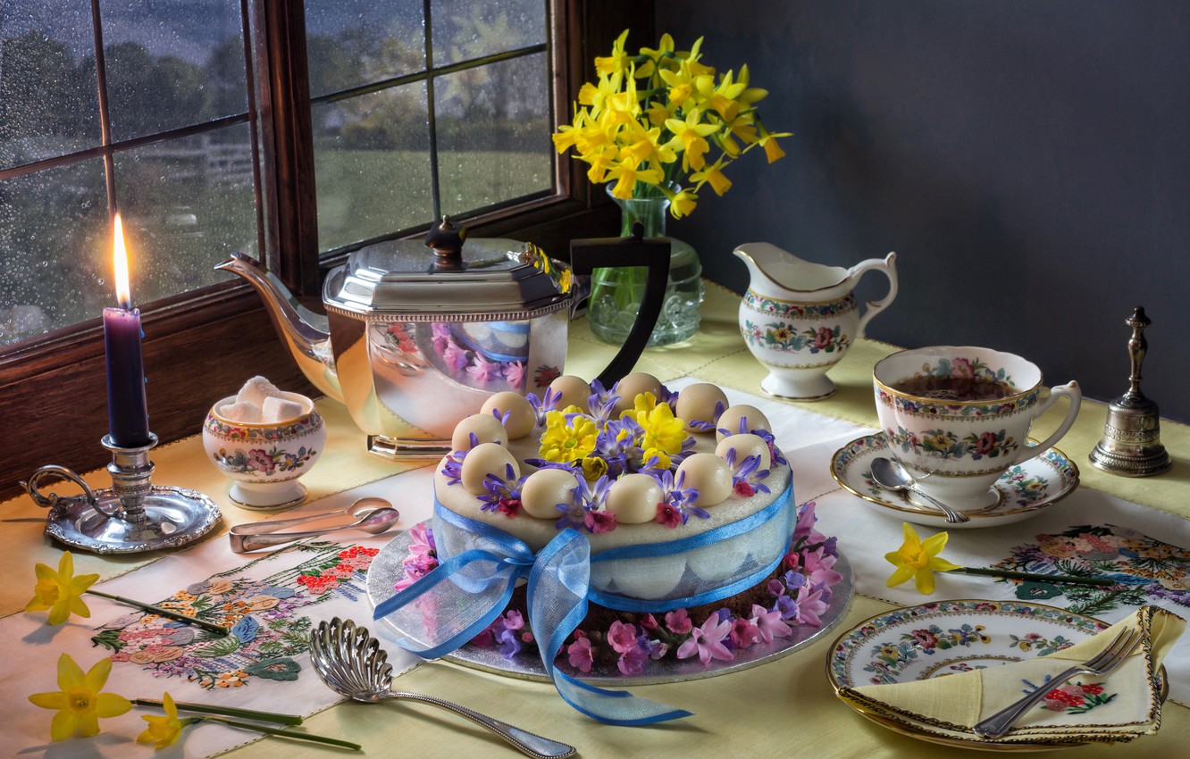 Photo Wallpaper Flowers, Tea, Candle, Bouquet, Kettle, - Food , HD Wallpaper & Backgrounds