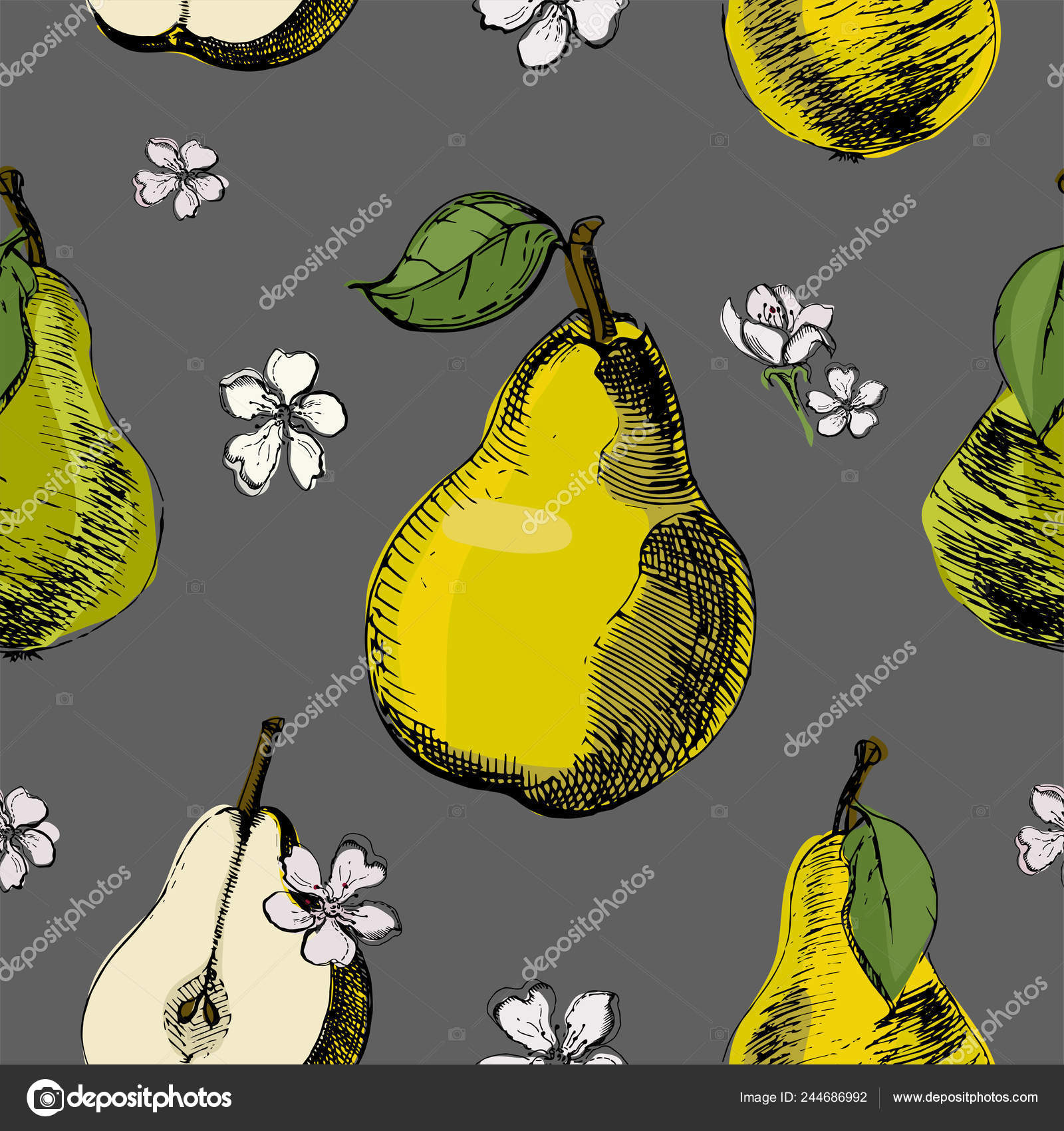 Seamless Pattern With Pear And Flowers - Illustration , HD Wallpaper & Backgrounds