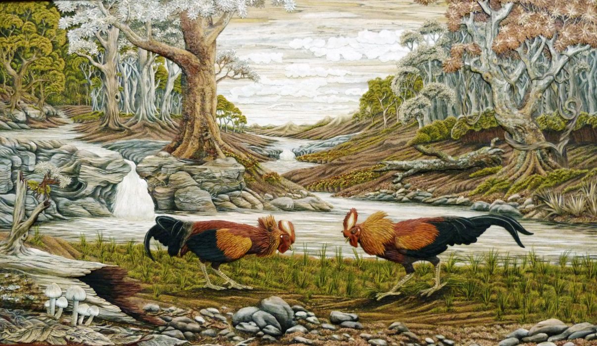 Rooster Battle Farm Chicked Landscape Art Painting - Fondos De Patalla De Caballos Y Gallos , HD Wallpaper & Backgrounds