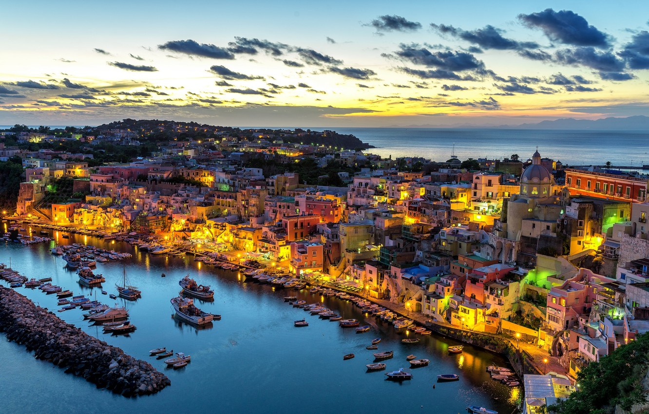 Photo Wallpaper Sea, Sunset, Building, Port, Italy, - Procida Włochy , HD Wallpaper & Backgrounds