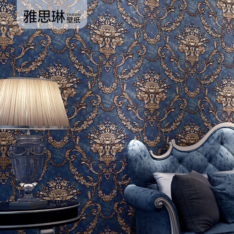 High Quality 3d European Style Wallpaper Luxury Atmospheric - Blue Wallpaper For Living Room , HD Wallpaper & Backgrounds