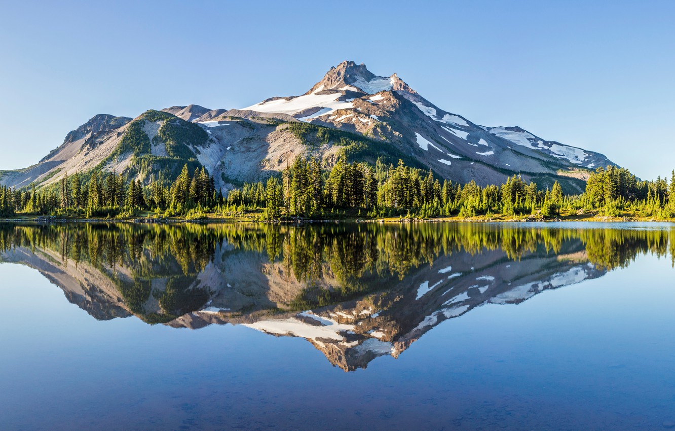 Photo Wallpaper Forest, Mountains, Lake, Reflection, - Mount Jefferson , HD Wallpaper & Backgrounds