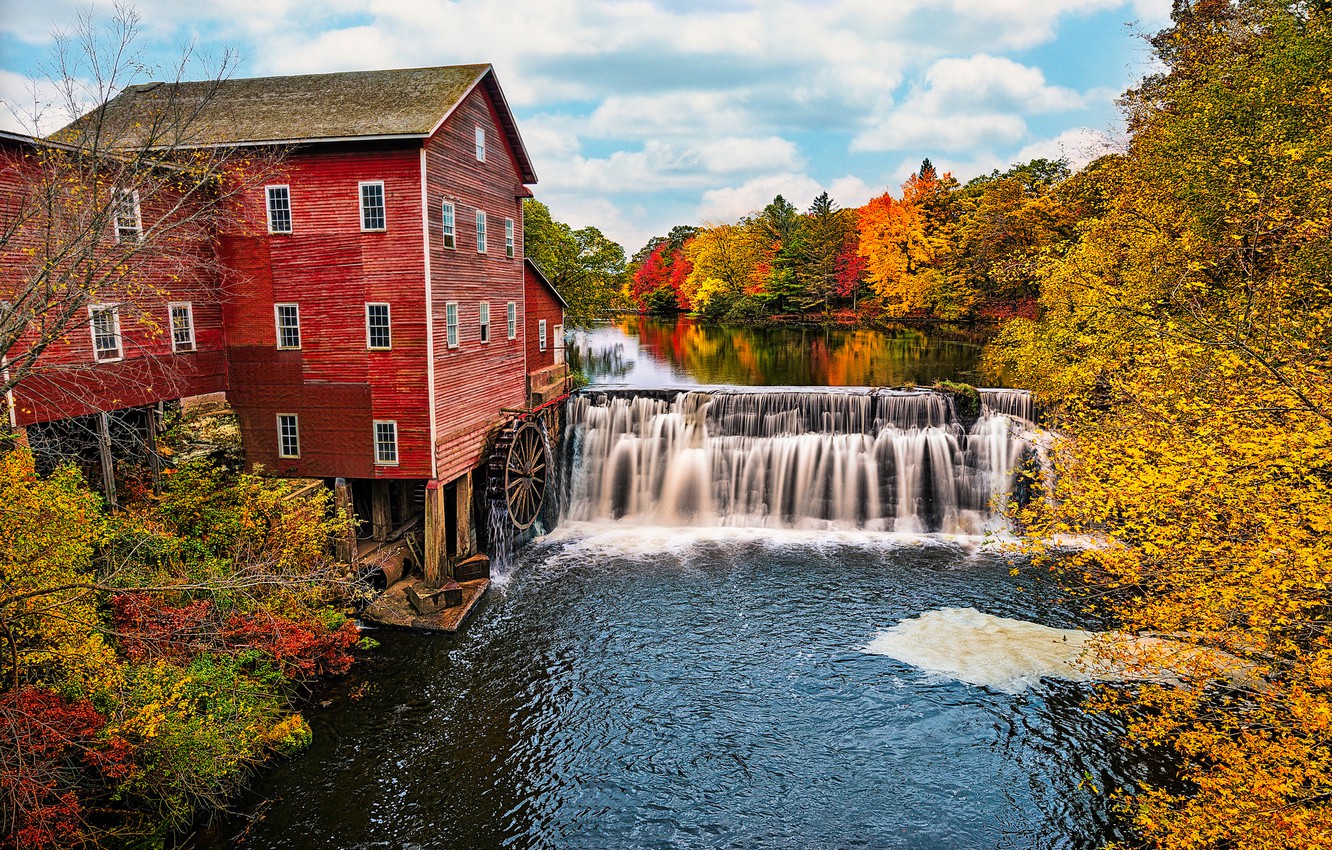 Photo Wallpaper Autumn, Forest, River, Usa, Water Mill, - Wisconsin Fall , HD Wallpaper & Backgrounds