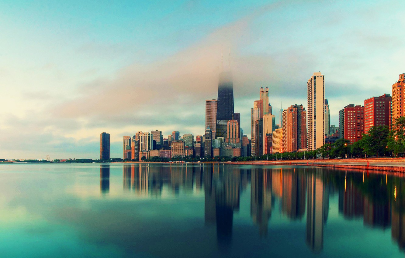 Photo Wallpaper Water, The City, Fog, Skyscrapers, - Chicago , HD Wallpaper & Backgrounds