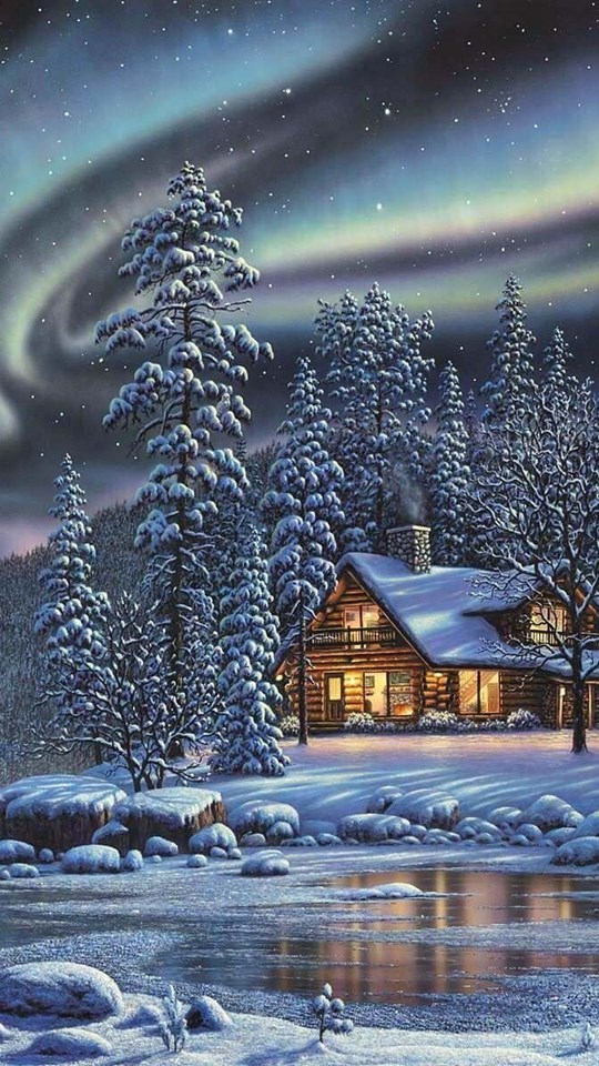 Free Winter Desktop Wallpaper Download For Android - Winter Log Cabin Painting , HD Wallpaper & Backgrounds