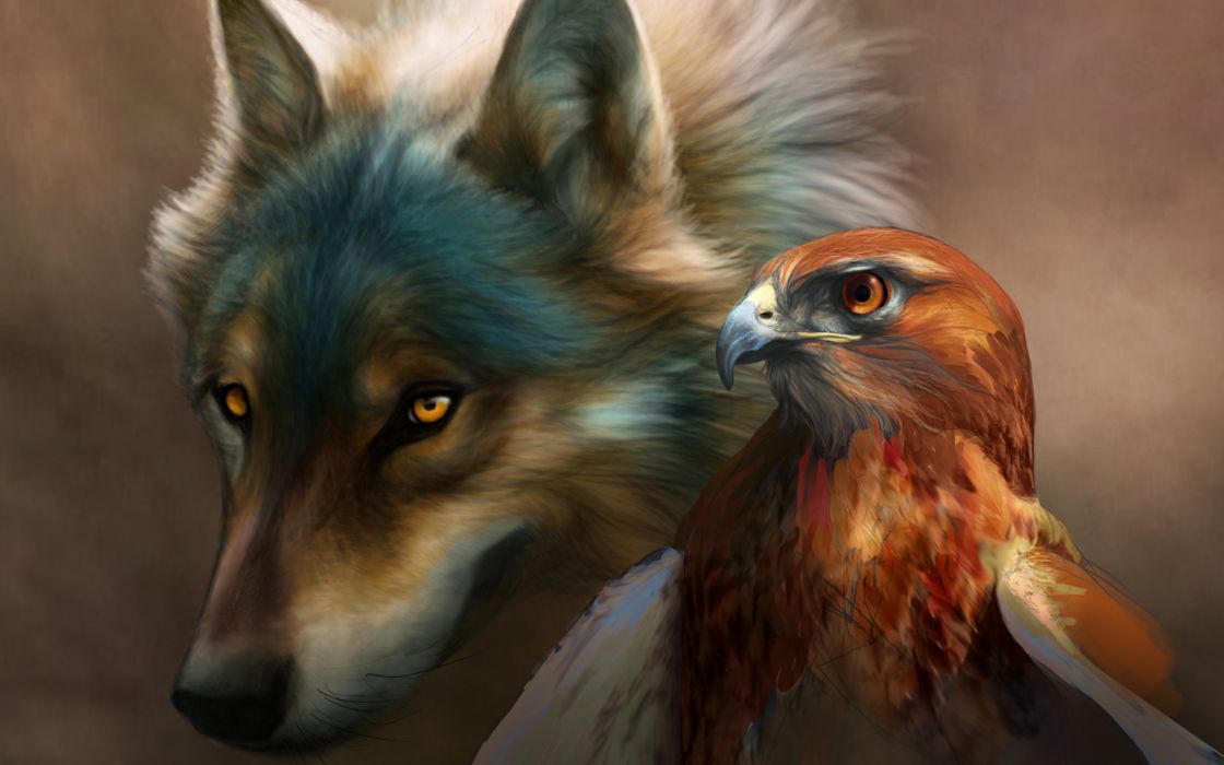 Art Painting Wolf Birds Dogs Hawk Wallpaper - Wolf And Hawk , HD Wallpaper & Backgrounds