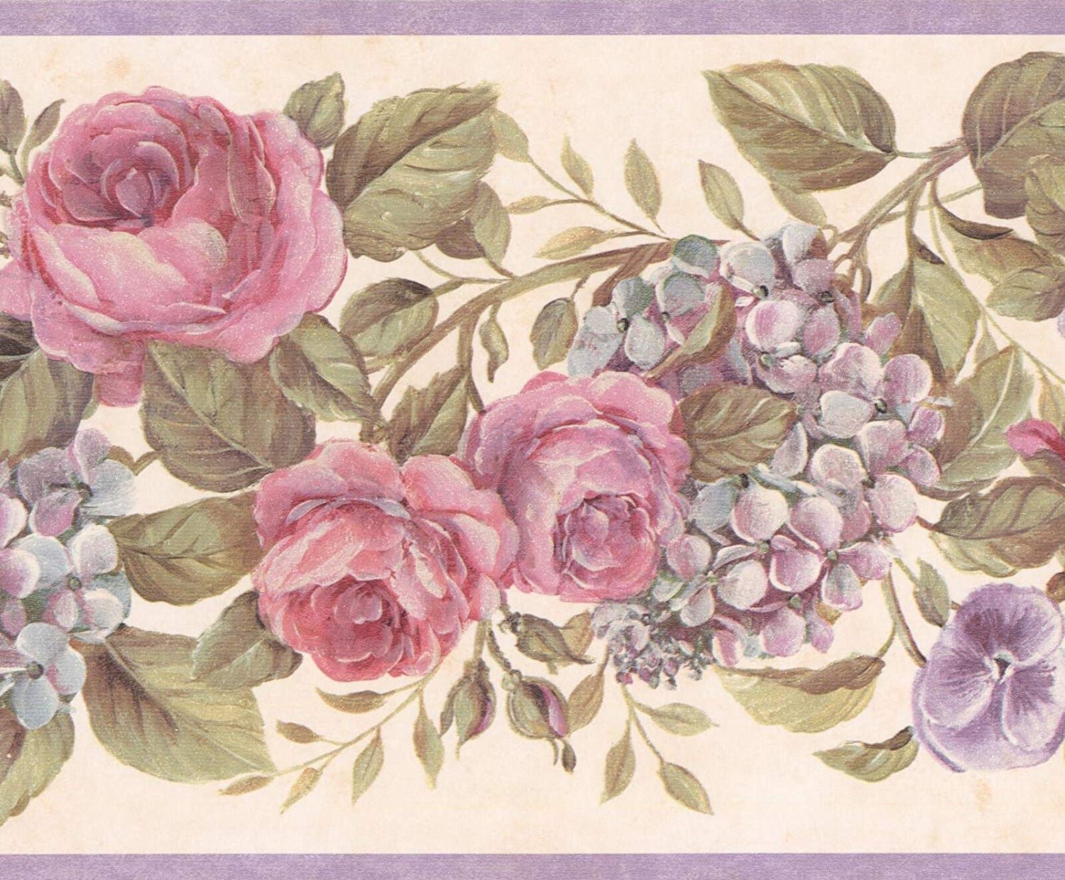 Blooming Purple Roses On Vine Floral Wallpaper Border - Rose Flowers Wallpaper Design , HD Wallpaper & Backgrounds