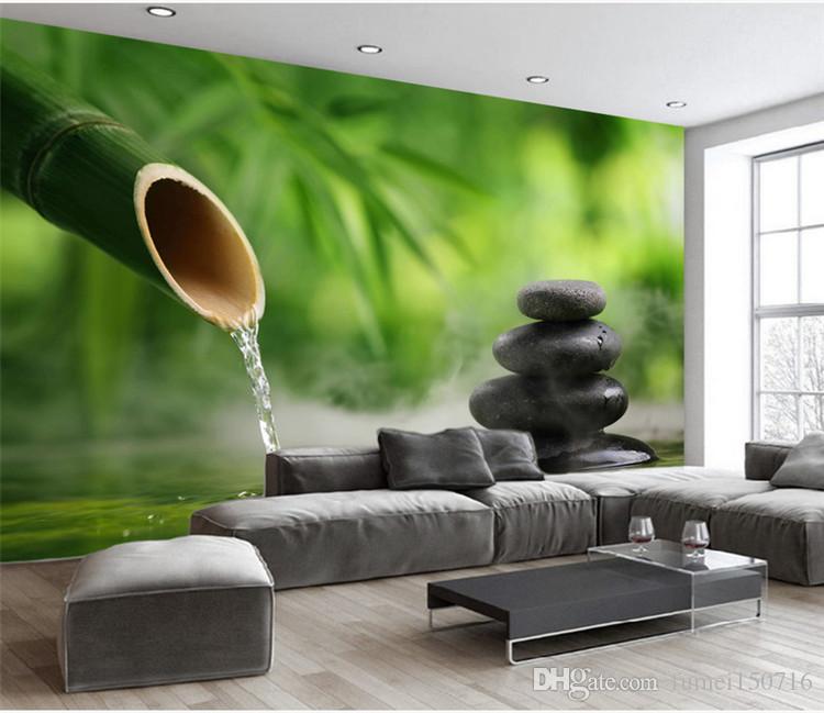 Fresh Bamboo Forest Water On Stone Yoga Spa Salon Wallpaper - Hand Painted Birch Tree Mural , HD Wallpaper & Backgrounds