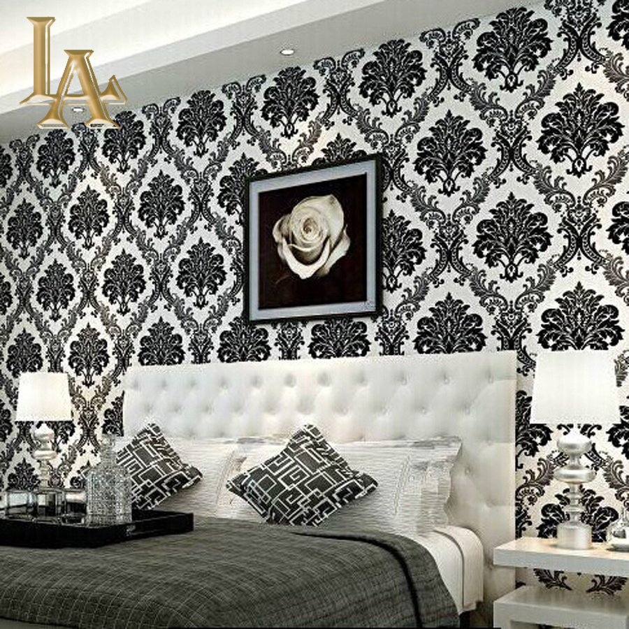 European Embossed Flocking Black Damask Wallpaper 3d - Black Damask Wallpaper Bedroom , HD Wallpaper & Backgrounds