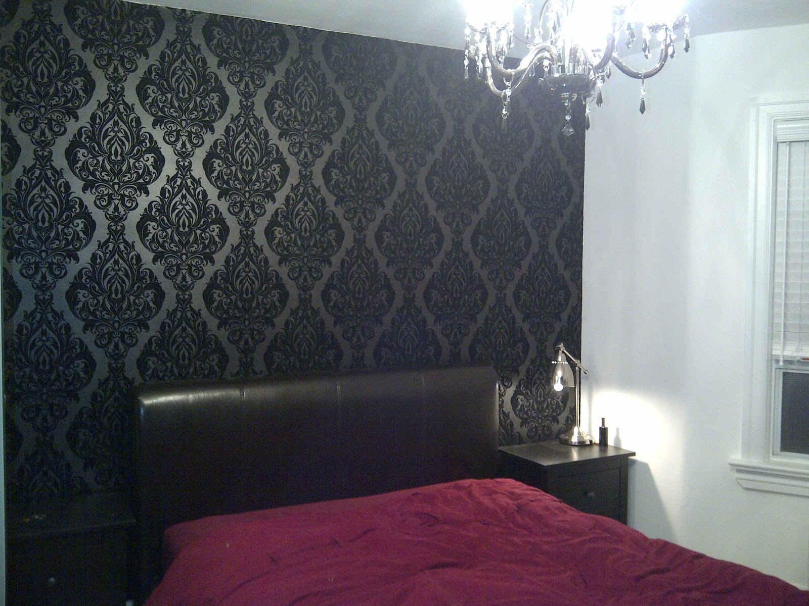 Black Velvet Damask Wallpaper, On Headboard Wall Only - Black Damask Wallpaper Bedroom , HD Wallpaper & Backgrounds