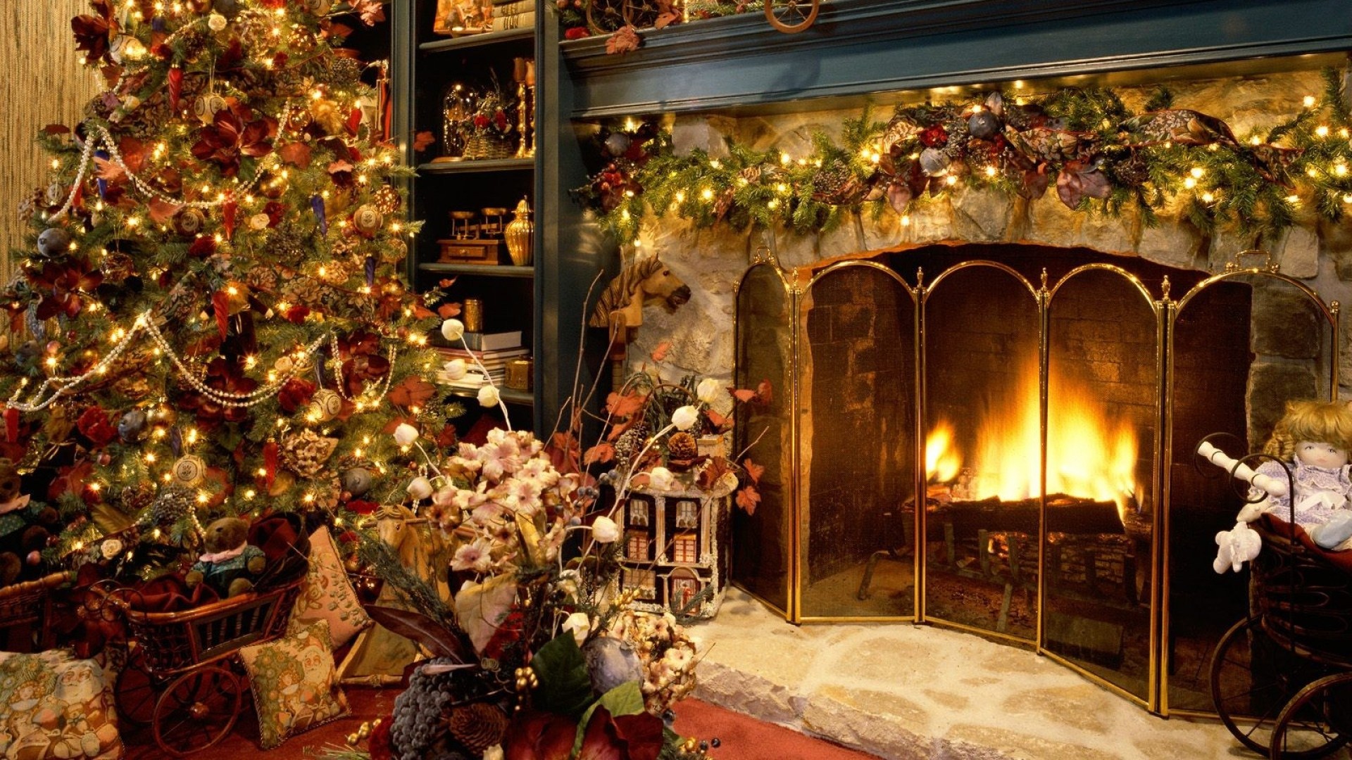 1920×1080 New Year Christmas Fireplace Fur Tree Cosiness - Christmas Fireplace Hd 1080p , HD Wallpaper & Backgrounds