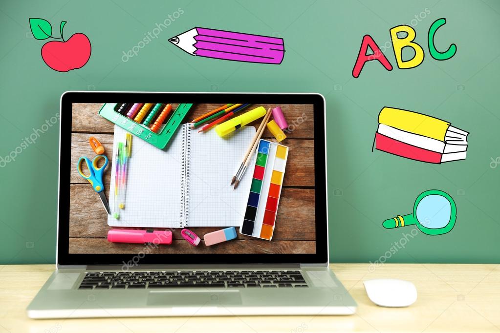 Laptop With Stationery Wallpaper On Screen Against - Papel De Parede Para Professor , HD Wallpaper & Backgrounds