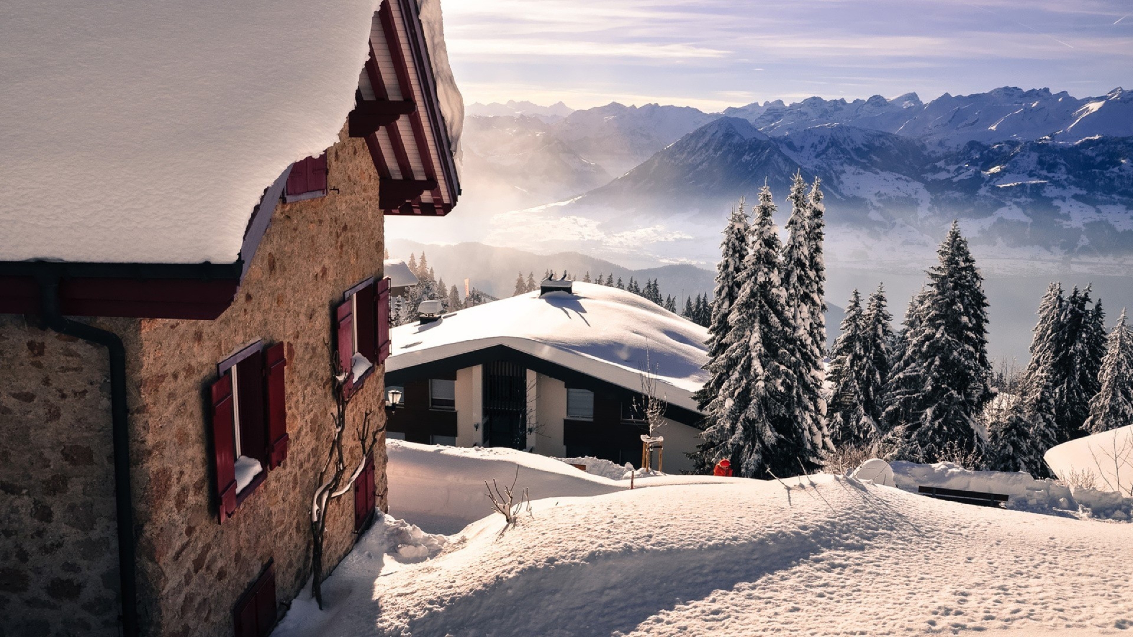 Snow Mountains Winter Wallpaper Hd - House In Snowy Mountains , HD Wallpaper & Backgrounds