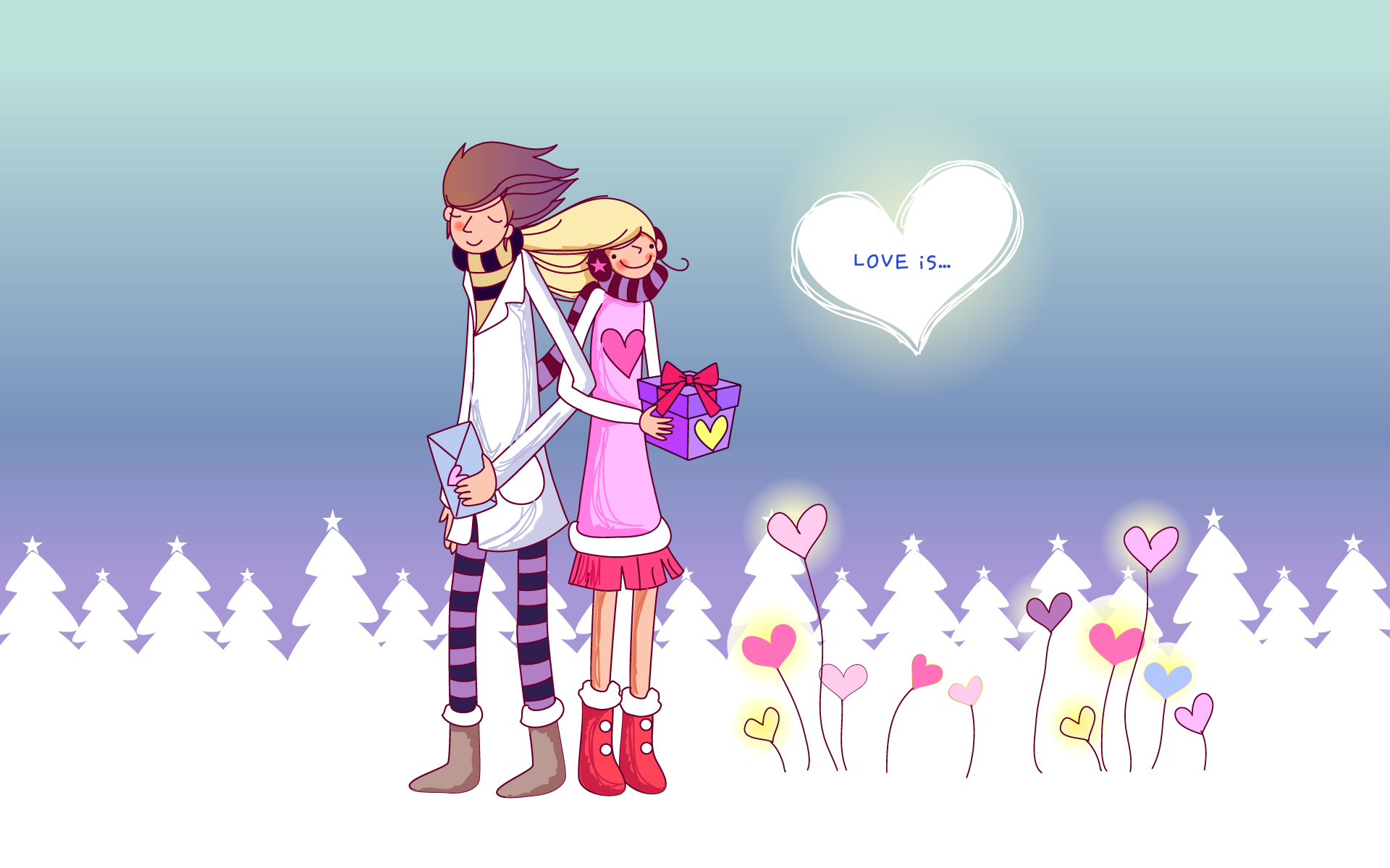 Cute Romantic Cartoon Couple With Gifts - Cartoon Love Couple Winter , HD Wallpaper & Backgrounds