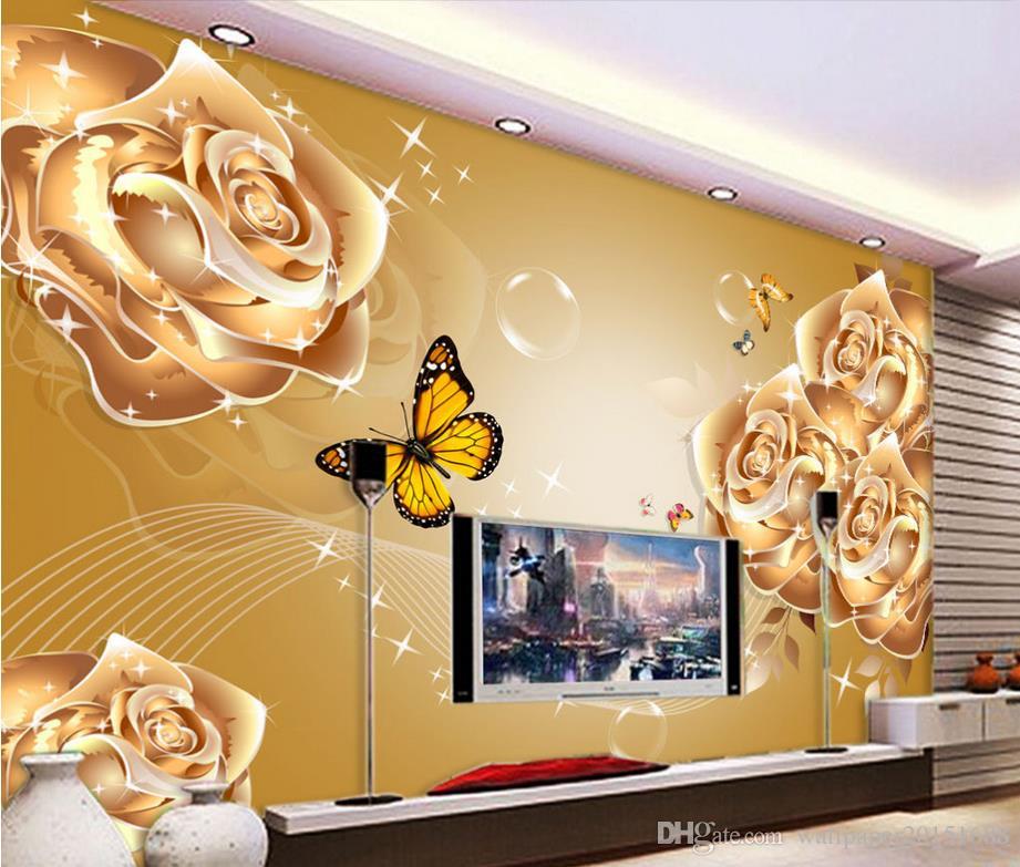 Luxury Gold Rose Flower Living Room Tv Background Wallpaper - Gold Wallpaper Living Room , HD Wallpaper & Backgrounds