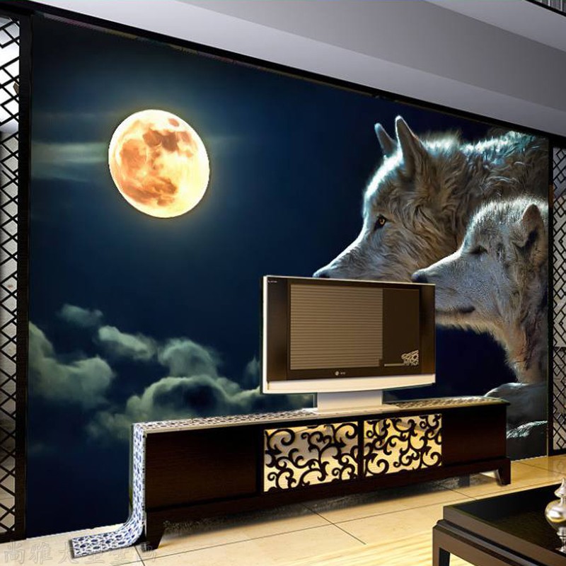 Online Shop 8d Large Mural Night Moon Wolf Wall Art - Lobos Pintados En La Pared , HD Wallpaper & Backgrounds