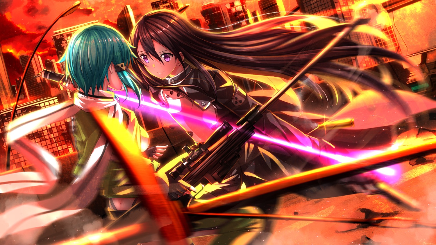 Gun Gun Gale Online Kirito Sinon Sword Art Online Swordsouls - Sword Art Online Wallpaper Kirito Sinon , HD Wallpaper & Backgrounds