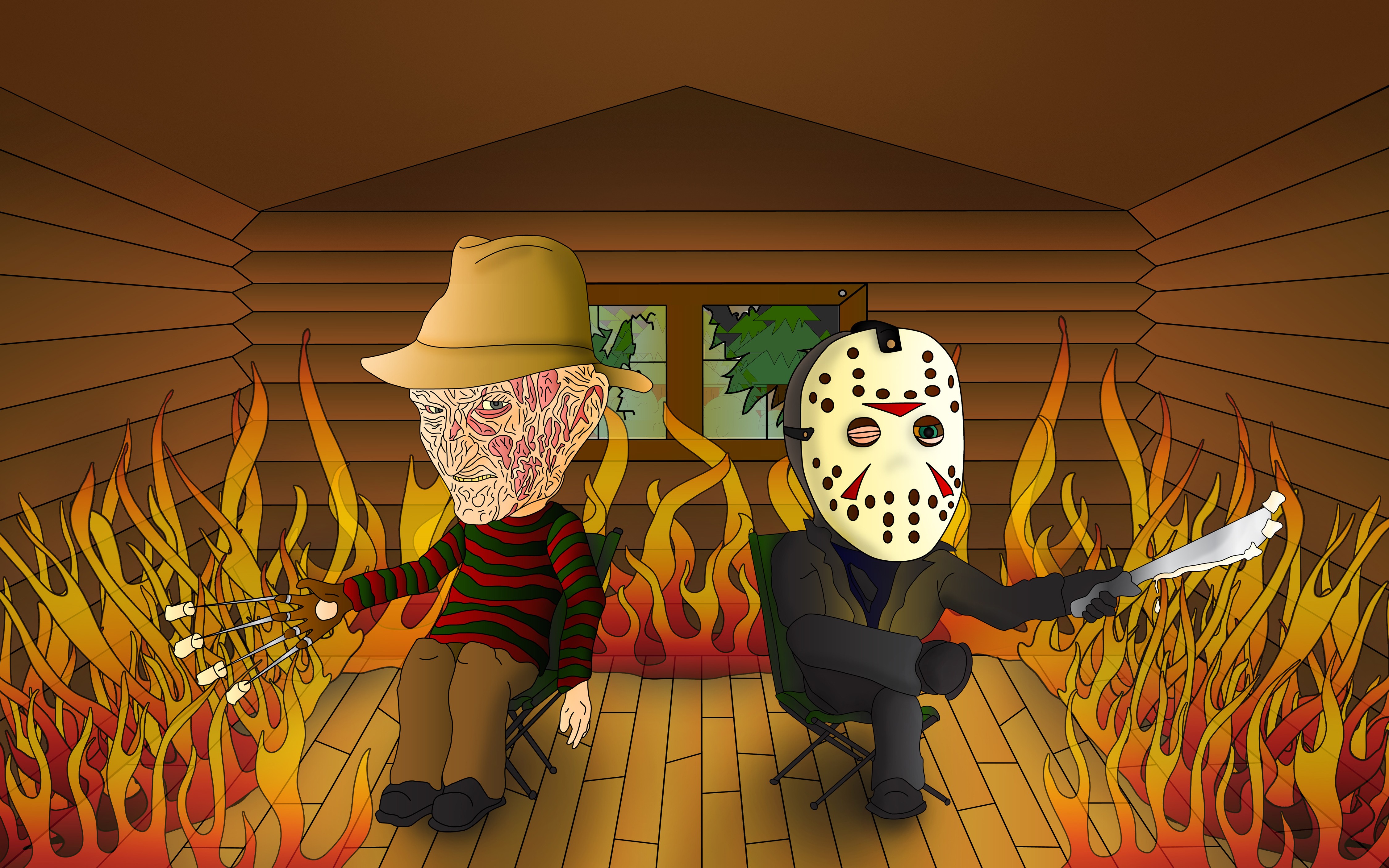 Jason Voorhees, Freddy Krueger, Artwork, Humor, Fire - Jason And Freddy Cartoon , HD Wallpaper & Backgrounds