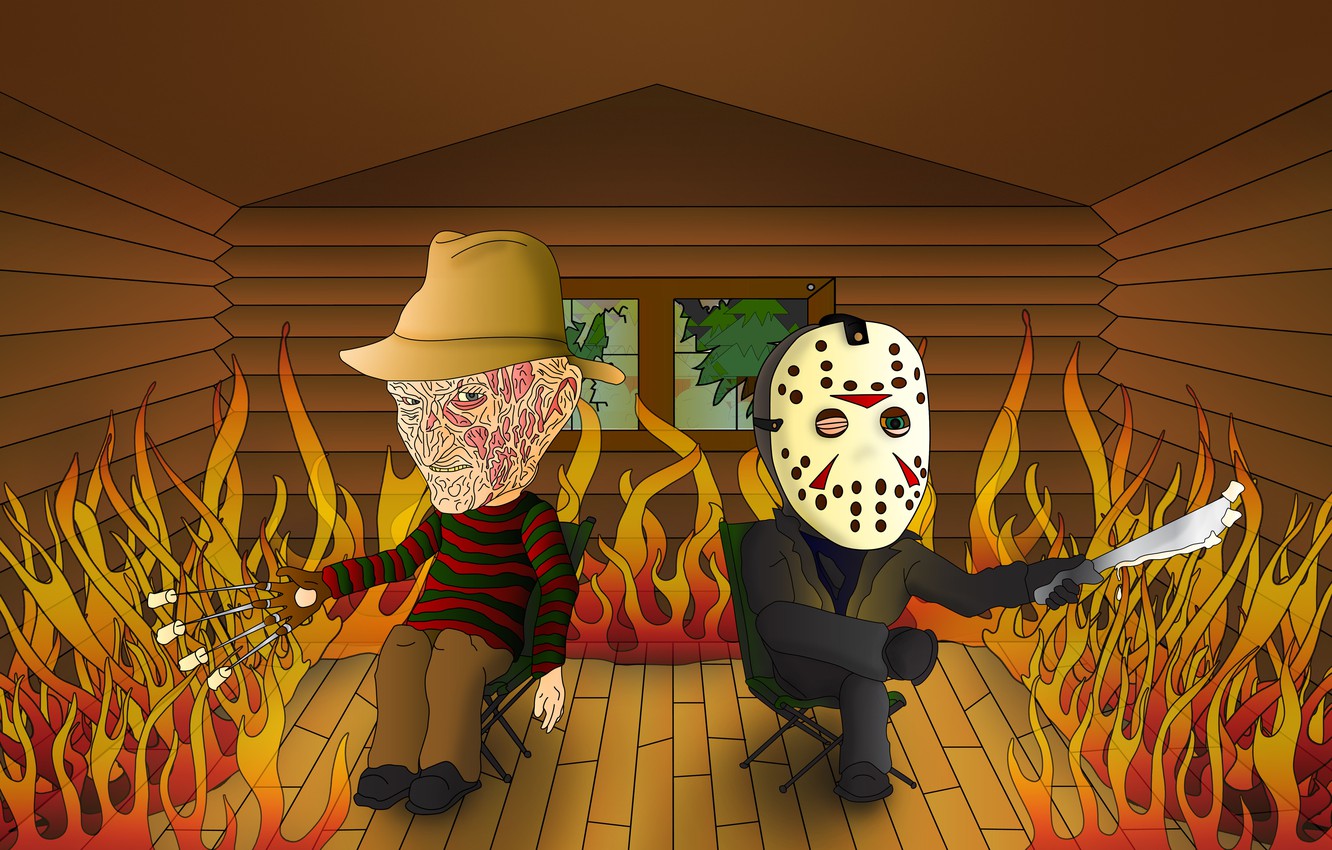 Photo Wallpaper House, Fire, Friday The 13th, The Trick, - Jason And Freddy Cartoon , HD Wallpaper & Backgrounds