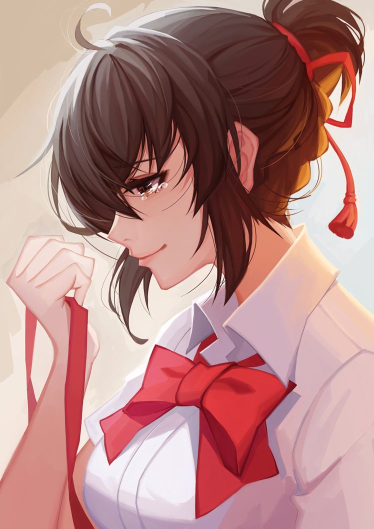 Brunette, Anime, Anime Girls, Miyamizu Mitsuha, Kimi - Kimi No Na Wa Hair Ribbon , HD Wallpaper & Backgrounds