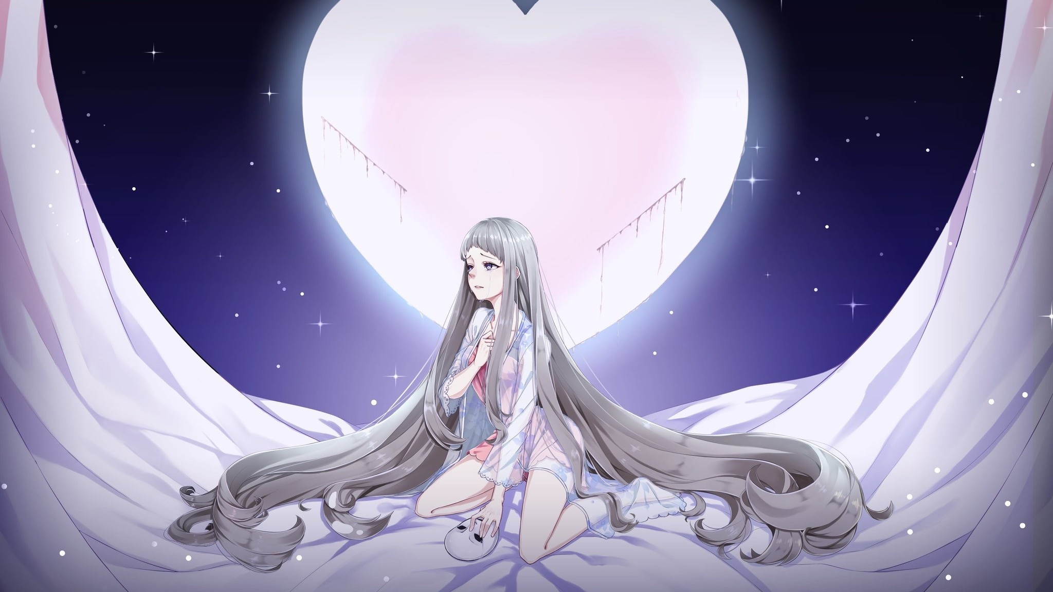 Anime, Girl, Moon, Crying, Long Hair, Wallpaper - Anime Girl Crying , HD Wallpaper & Backgrounds