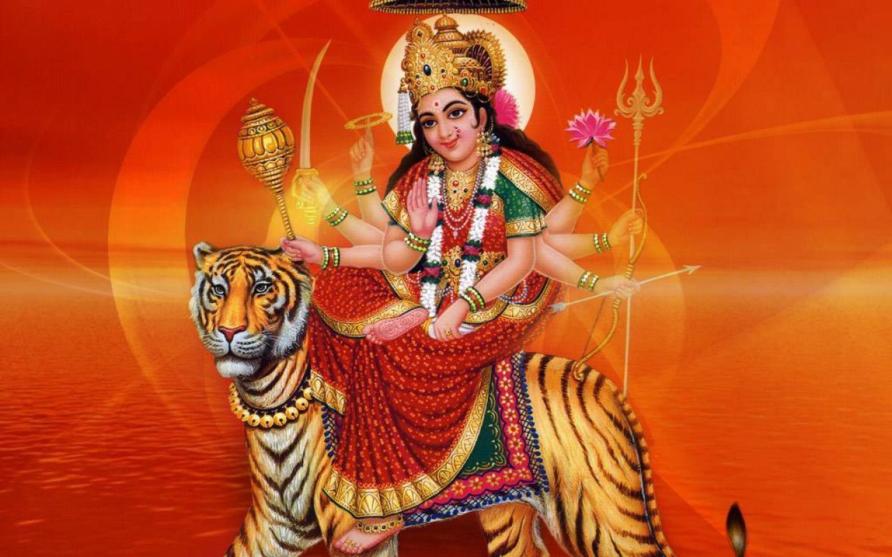 Maa Durga Navratri Wallpaper Download - Goddess Durga On Tiger , HD Wallpaper & Backgrounds