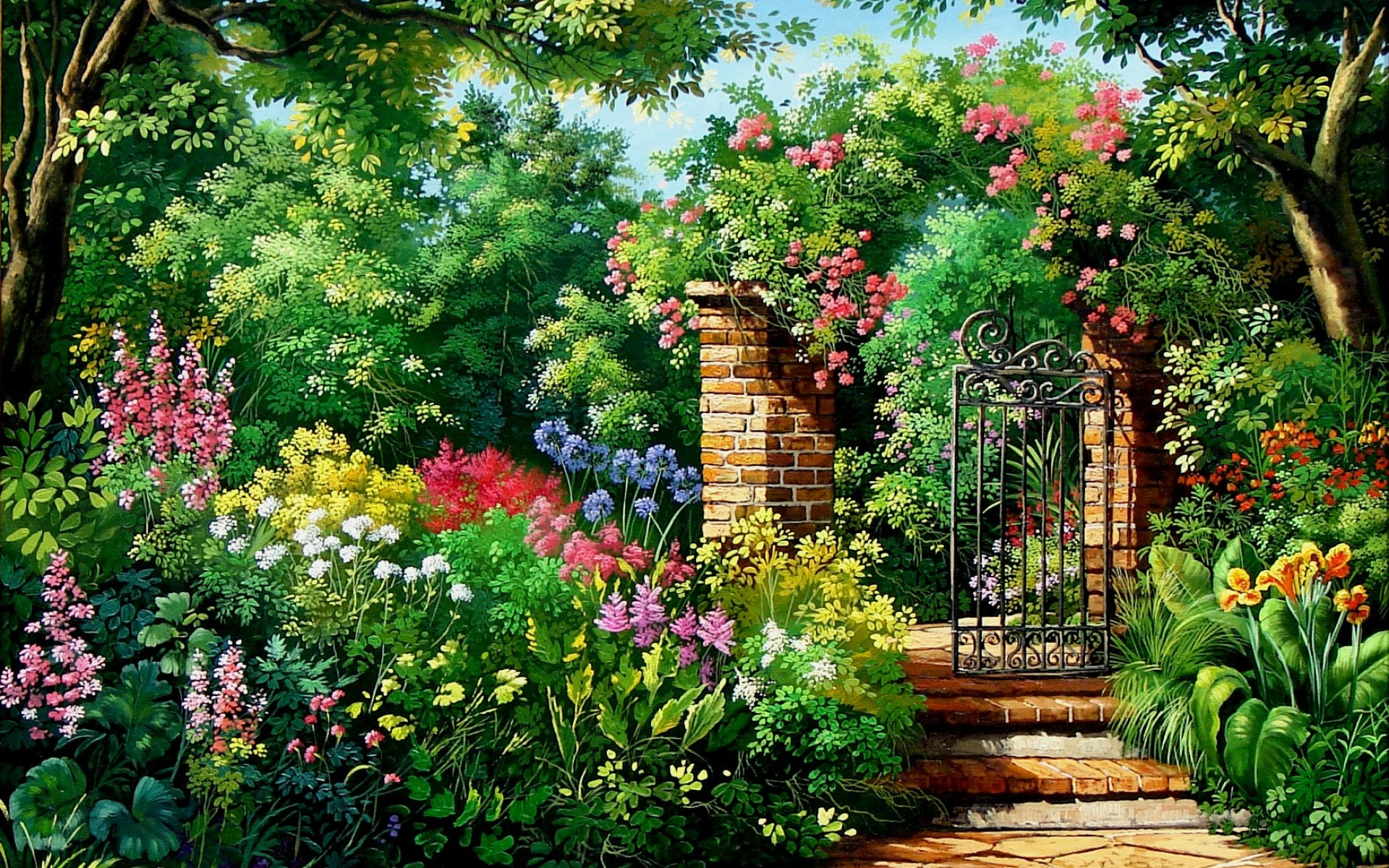 Charming Blumen & Garden Gate Wallpapers And Stock - Jardin Con Flores Hd , HD Wallpaper & Backgrounds