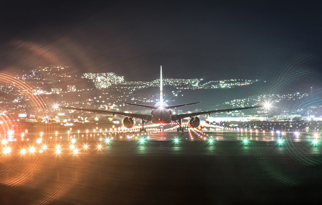 Photo Wallpaper Night, Lights, Airport, Landing, Boeing - Hd Wallpapers Plane , HD Wallpaper & Backgrounds