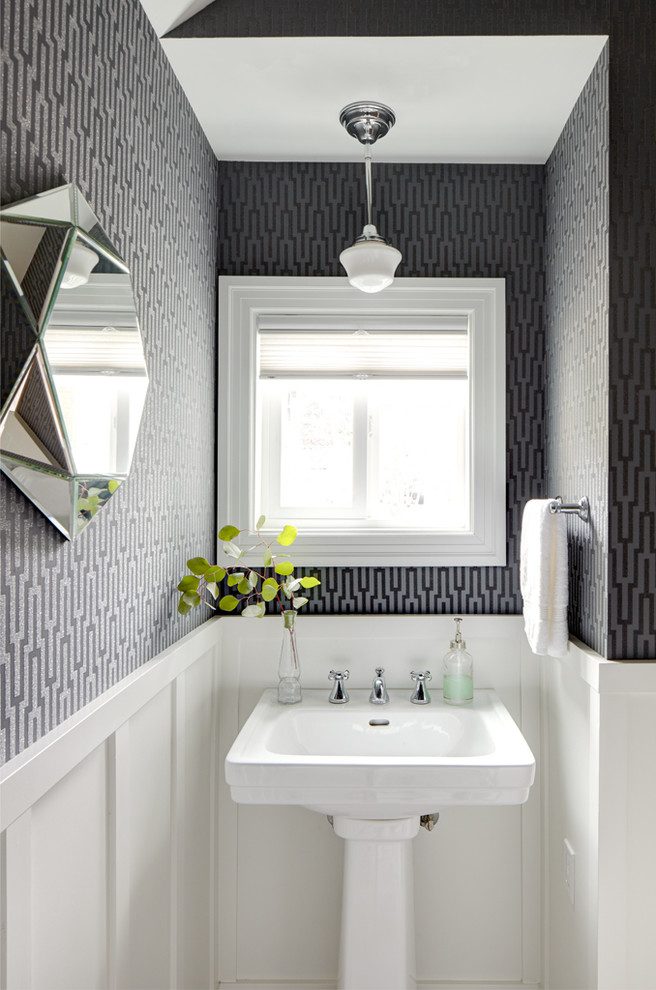 Sparkling Grey And Yellow Wallpaper Traditional Powder - Half Wall Wallpaper Bathroom , HD Wallpaper & Backgrounds
