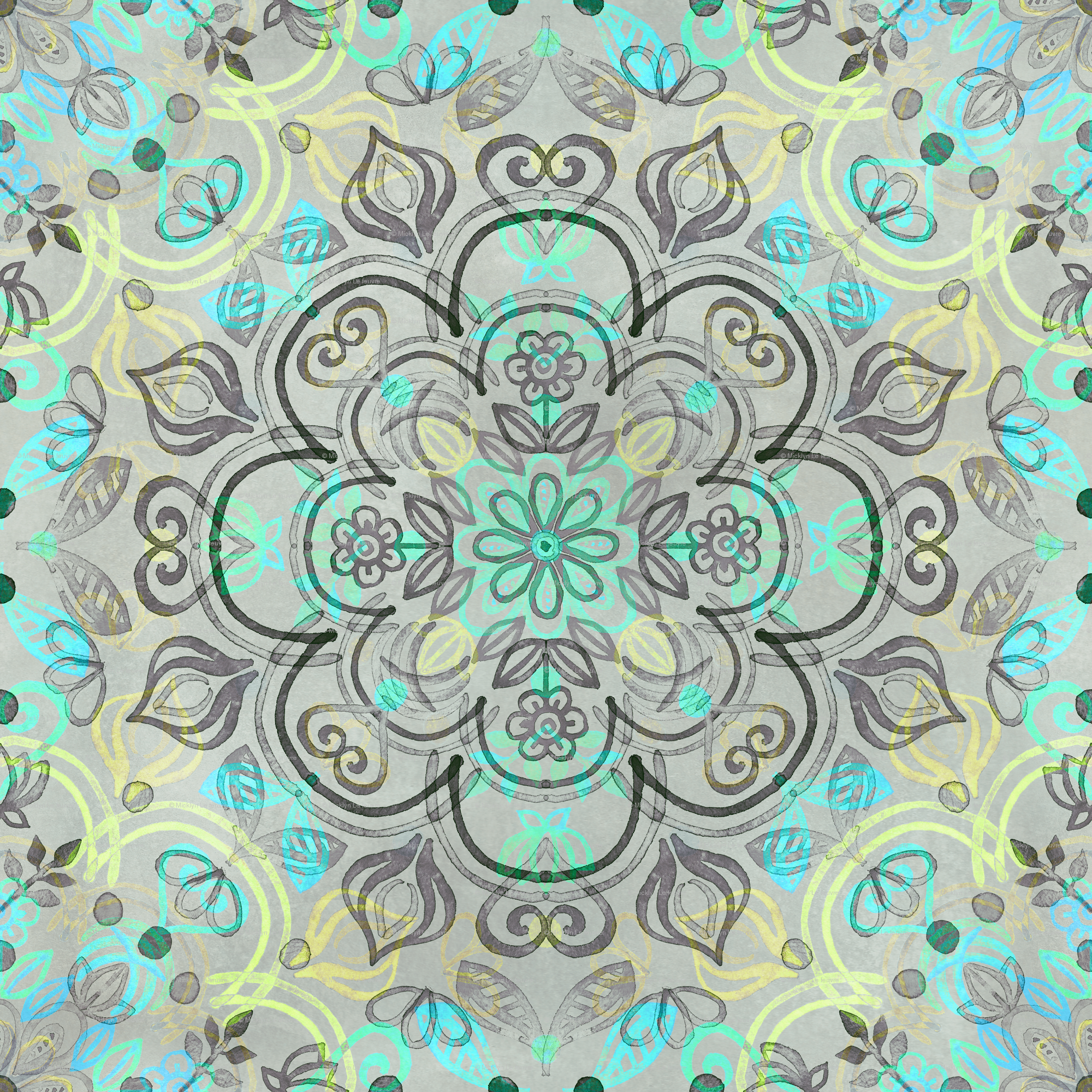 Watercolor Folk Art In Yellow, Turquoise, Mint & Charcoal - Circle , HD Wallpaper & Backgrounds